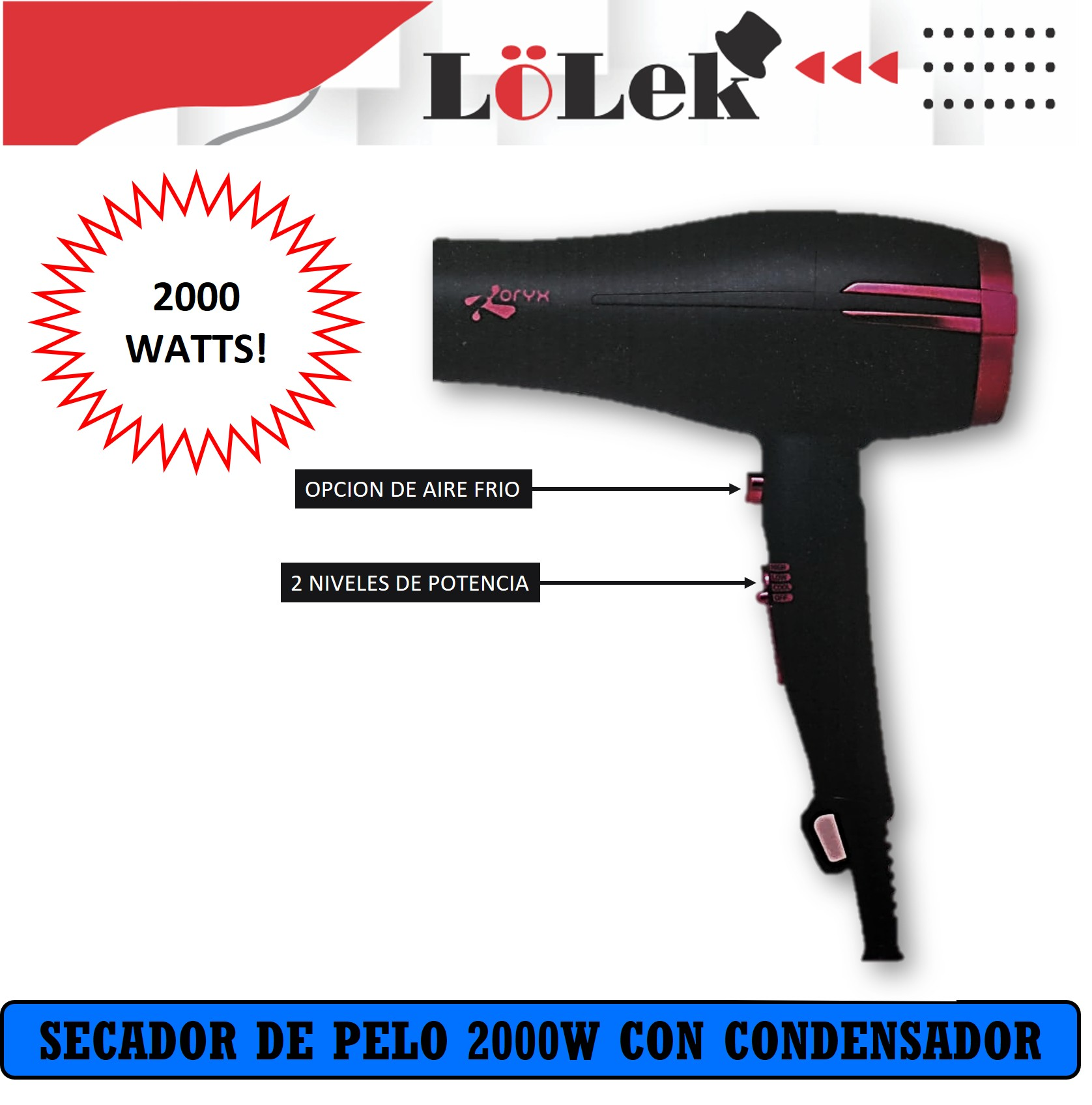 Se muestra un secador de pelo negro y rosa con 2000 vatios sobre un fondo blanco.