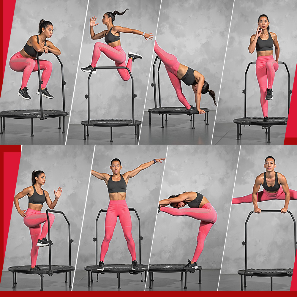 Montaż kobiety w różowym stroju do ćwiczeń, która używa trampoliny z poprzeczką do ćwiczeń.
