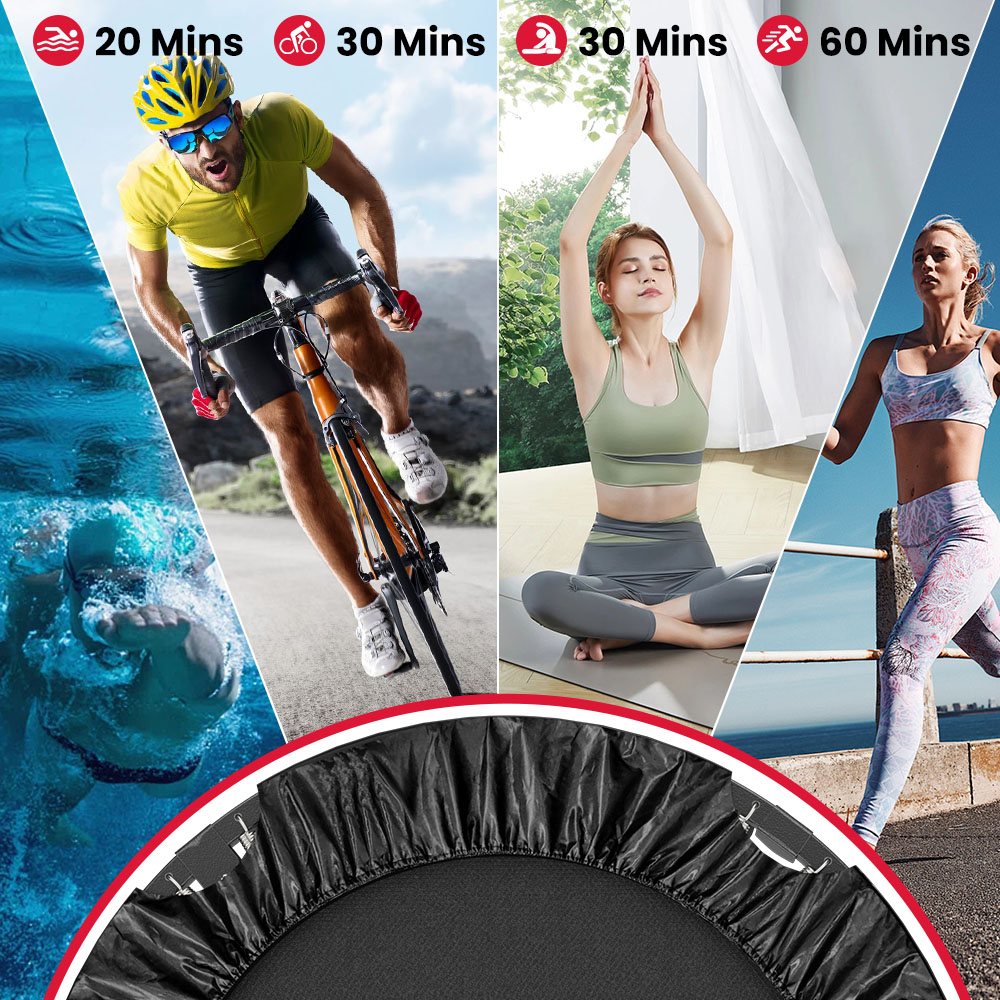 Kolaż osób ćwiczących, z nałożoną trampoliną na dole.