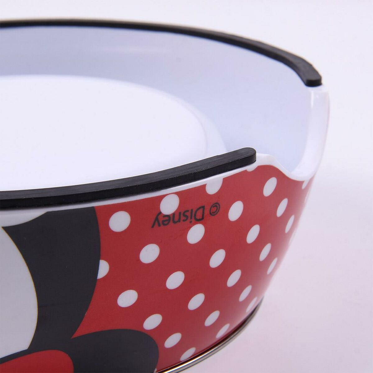 Un cuenco para mascotas rojo y blanco con lunares y un diseño de Minnie Mouse.