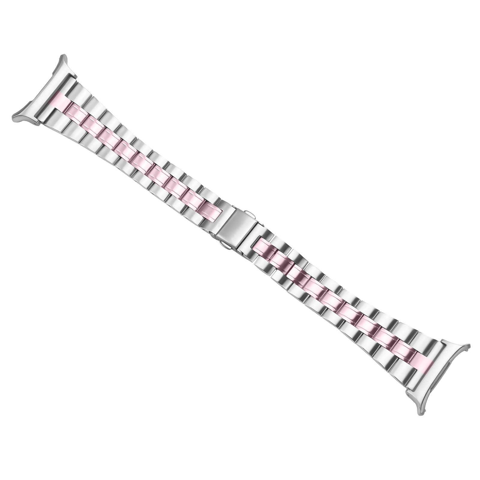Ein silbernes und rosafarbenes Metallarmband, das sein Design und seine Materialzusammensetzung zeigt.