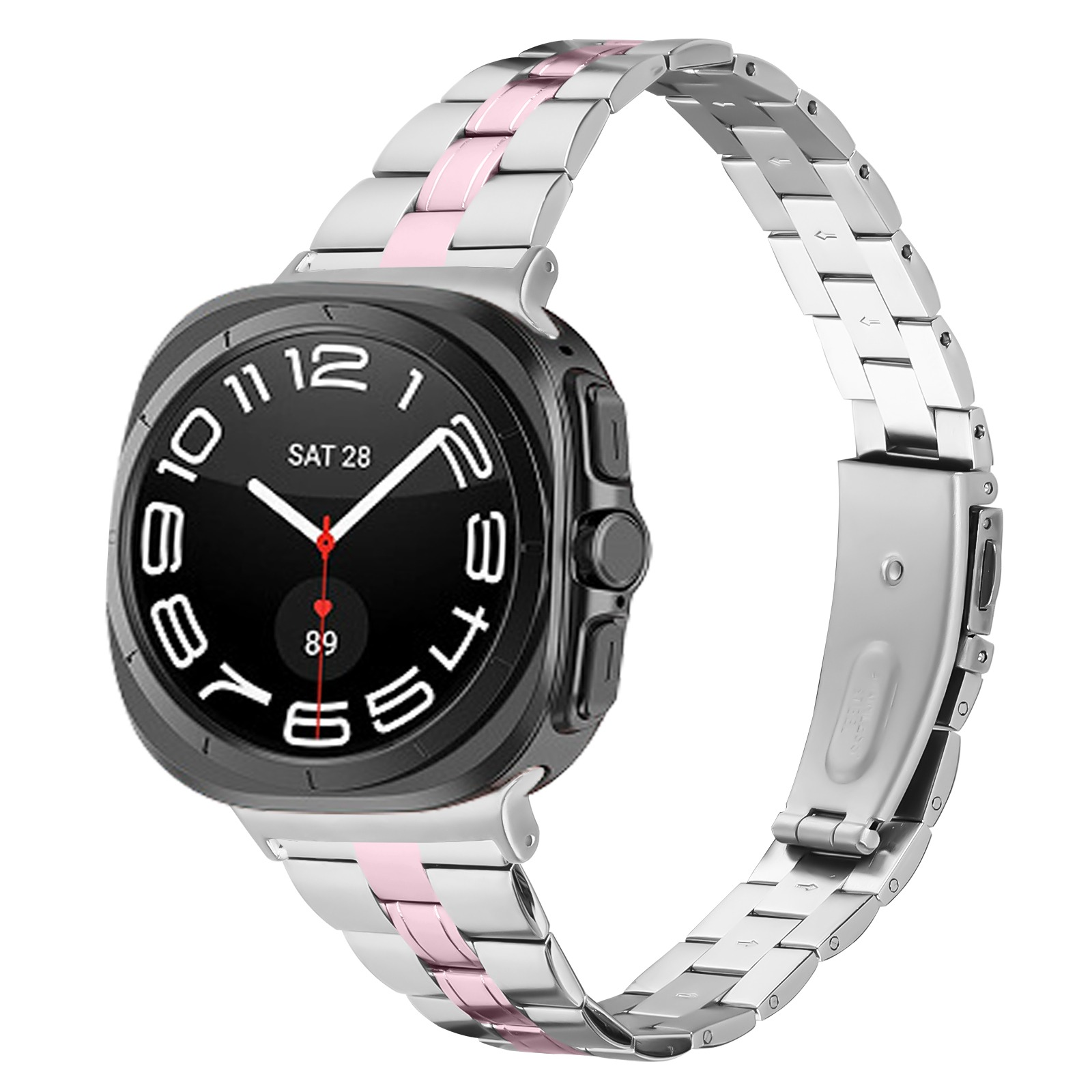 Smartwatch mit silbernem und rosafarbenem Metallarmband zeigt Uhrzeit und Datum auf einem schwarzen Bildschirm an.