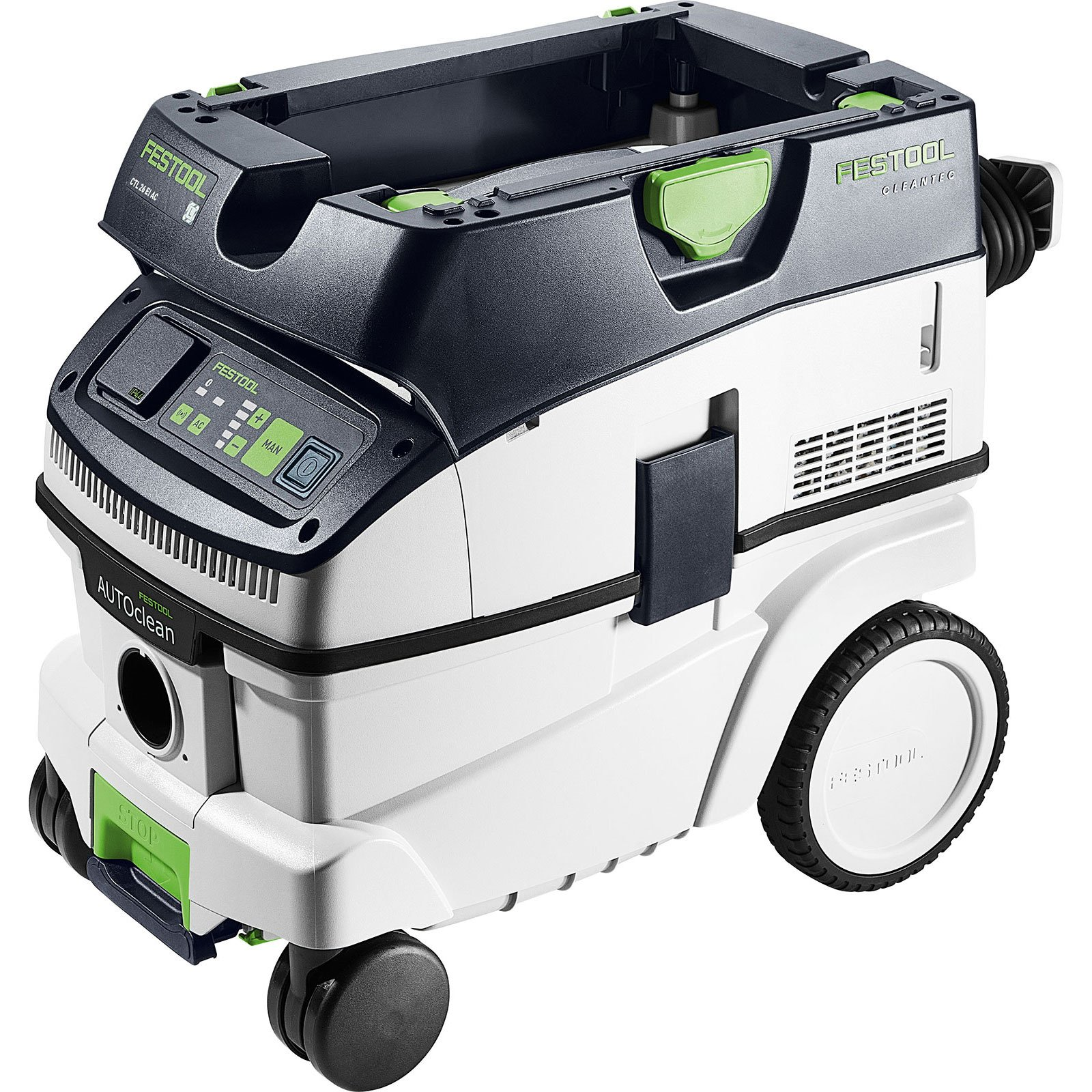 Ein Festool Autoclean Staubsauger, weiß und schwarz mit grünen Akzenten, auf Rädern für einfache Mobilität.