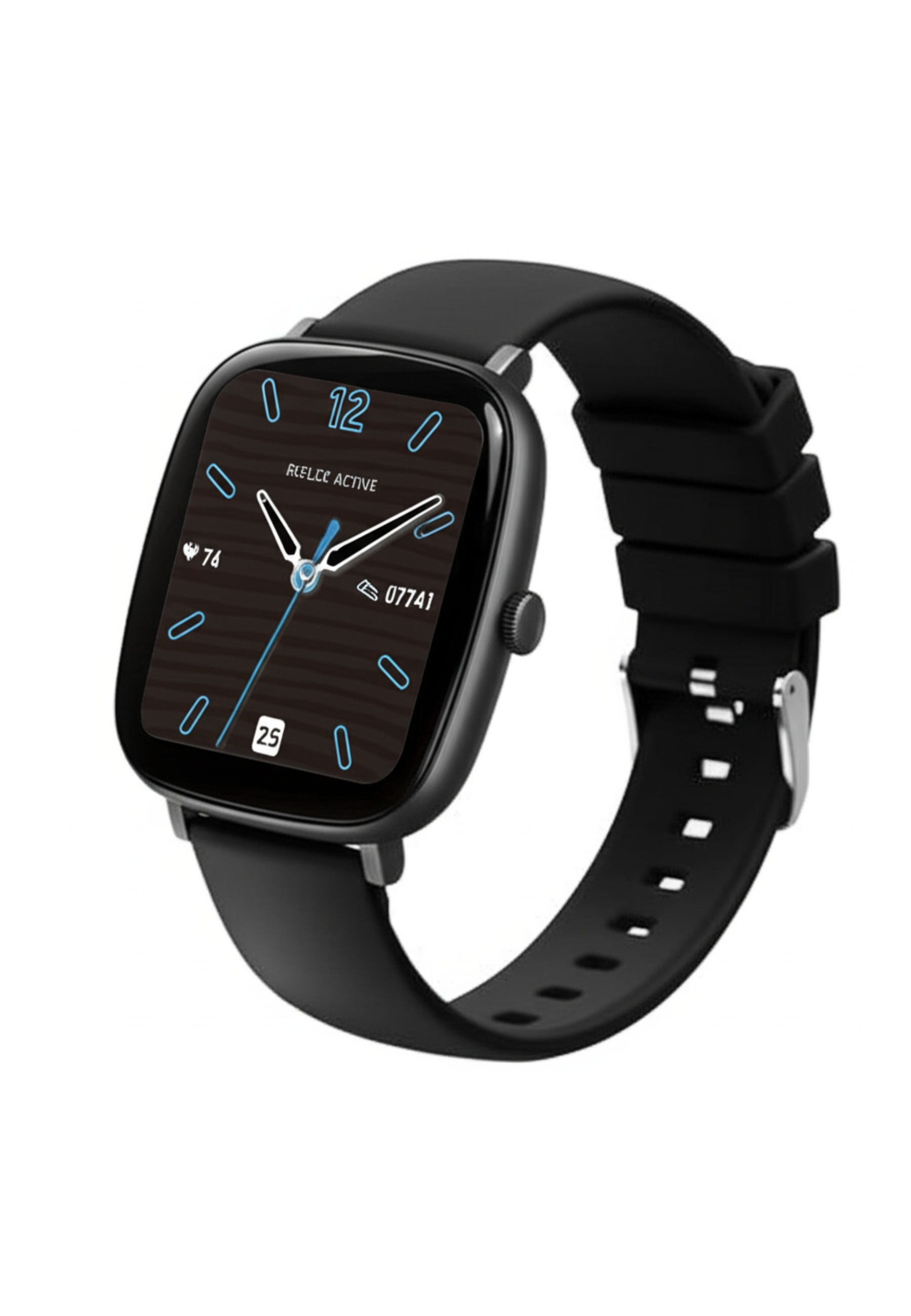 Eine schwarze Smartwatch mit digitalem Zifferblatt und schwarzem Armband auf weißem Hintergrund.