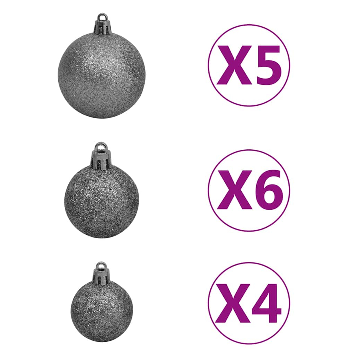 Drei silberne Weihnachtskugeln mit Mengenindikatoren vor einem weißen Hintergrund.
