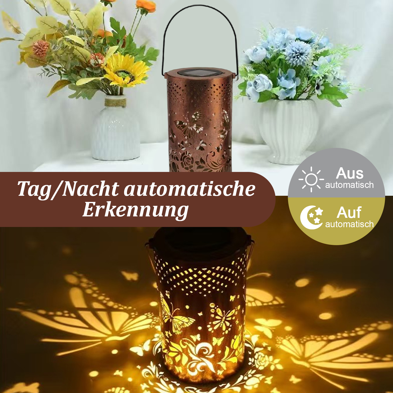Das Bild zeigt eine Laterne mit dekorativen Ausschnitten, Pflanzen und Text auf Deutsch.