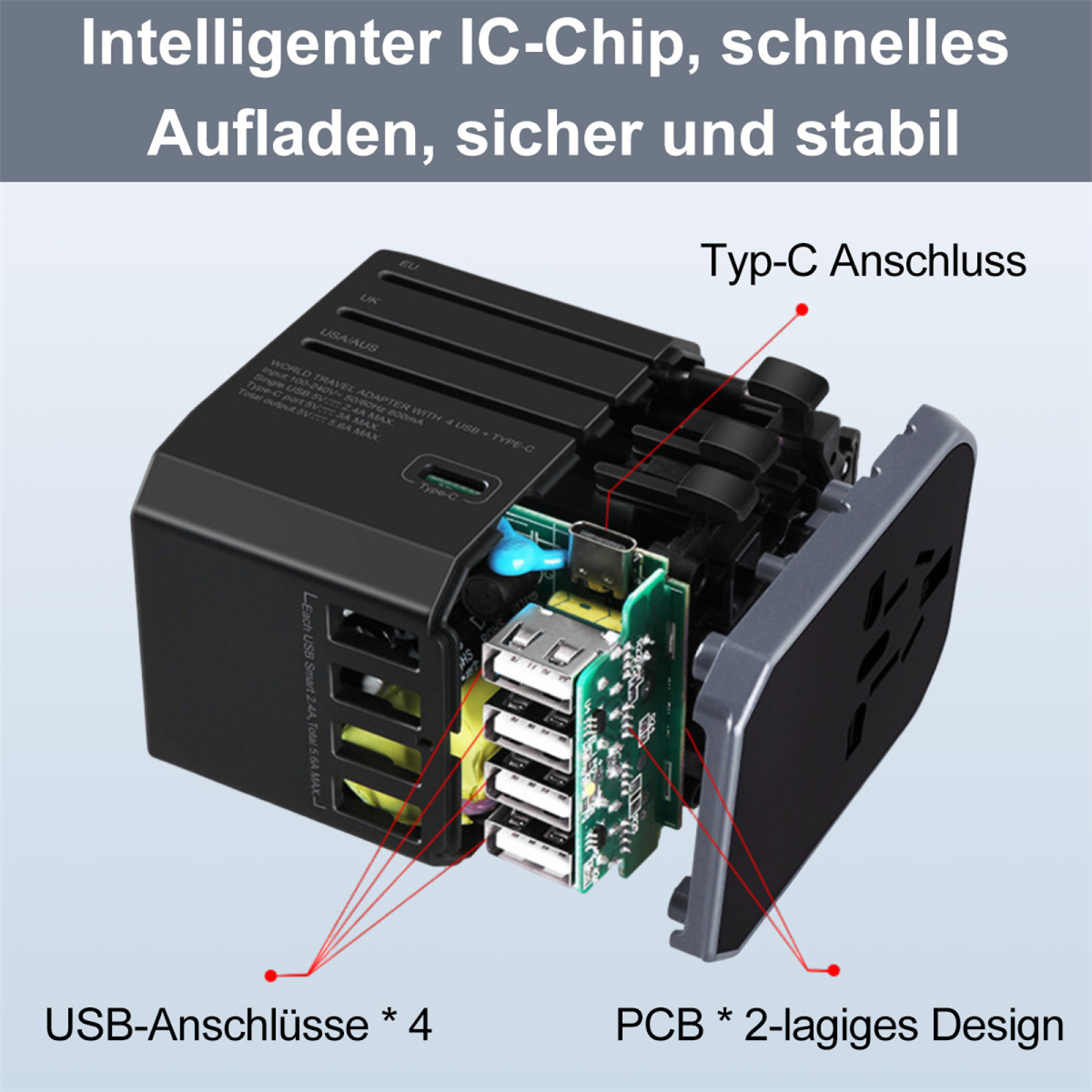 Eine Explosionszeichnung zeigt die internen Komponenten eines schwarzen Universal-Reiseadapters mit mehreren USB-Anschlüssen und Steckoptionen.