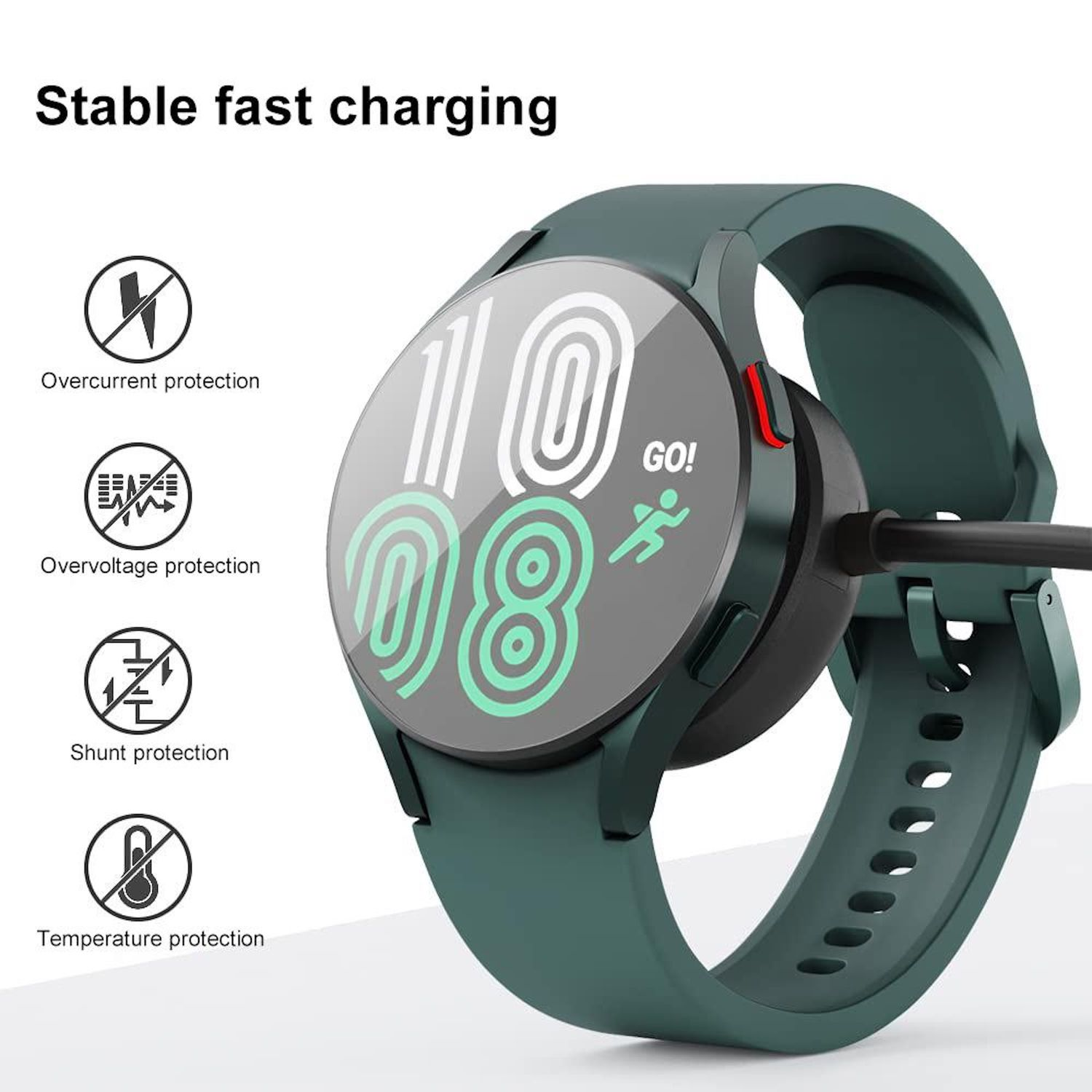 Eine grüne Smartwatch zeigt 10:08 an und wird auf einem schwarzen Pad aufgeladen, wobei Überstrom-, Überspannungs- und Temperaturschutz hervorgehoben werden.