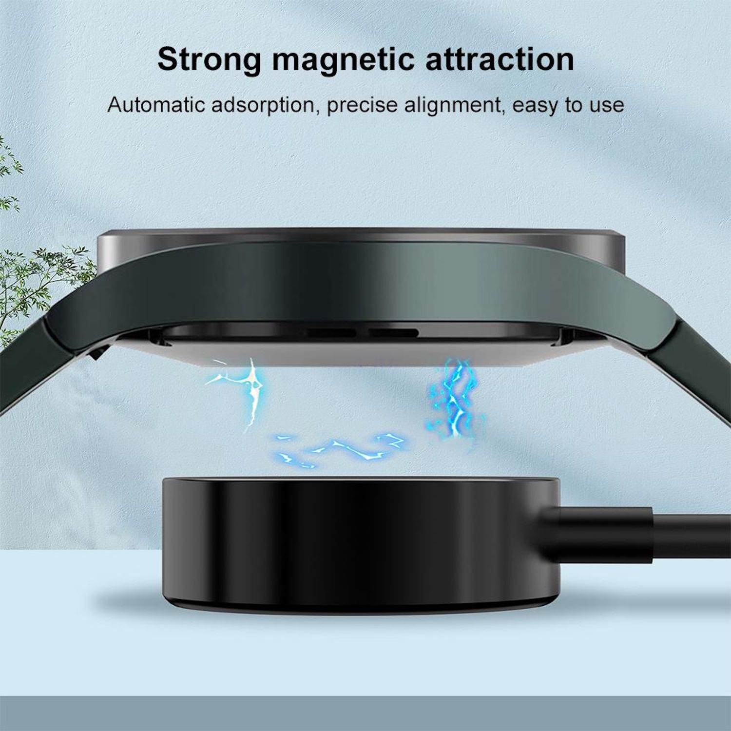 Ein Smartwatch-Ladegerät zeigt magnetische Anziehung mit blauen Energieeffekten auf einer grauen Oberfläche.