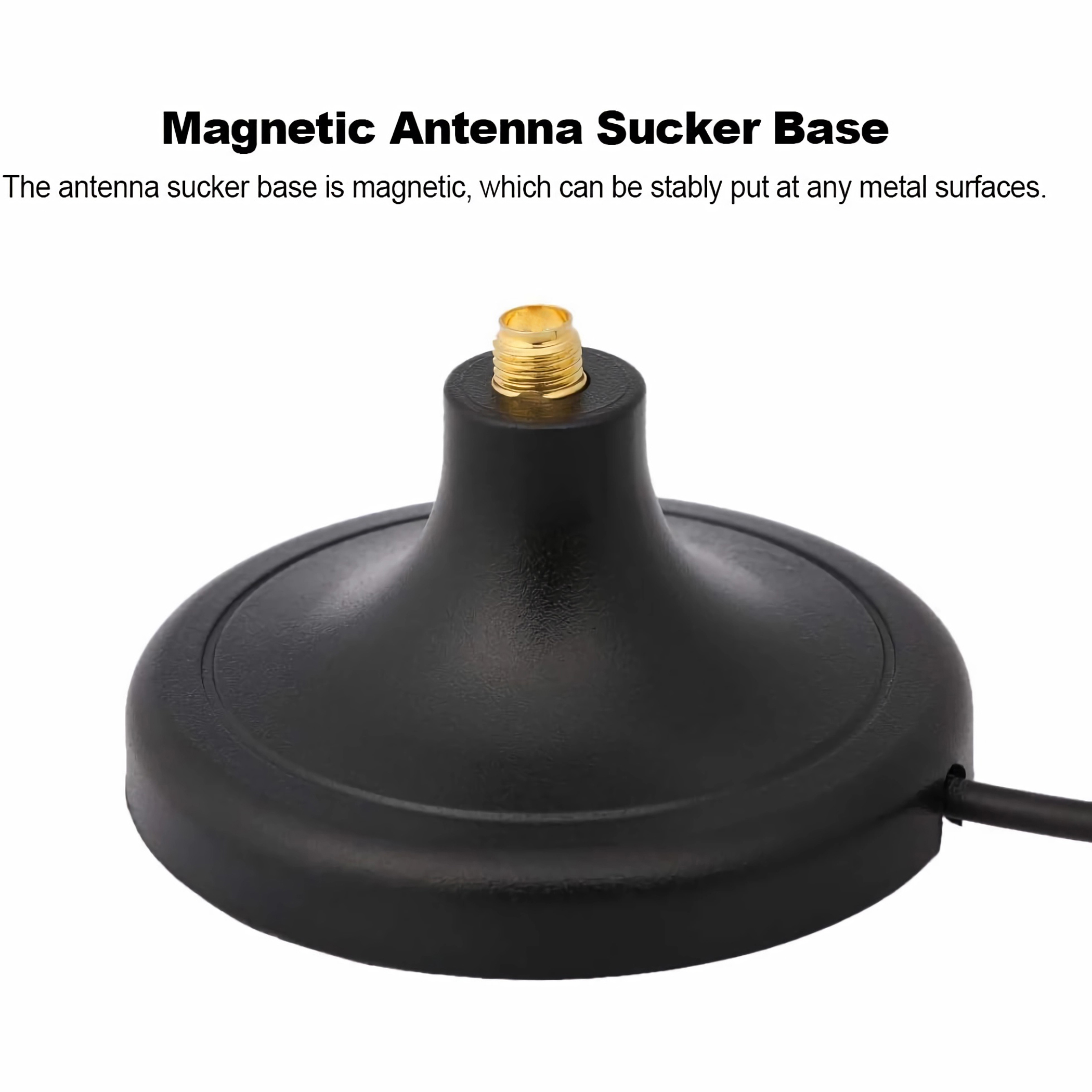 Eine schwarze magnetische Antennenbasis mit einem goldenen Anschluss wird vor einem weißen Hintergrund angezeigt.
