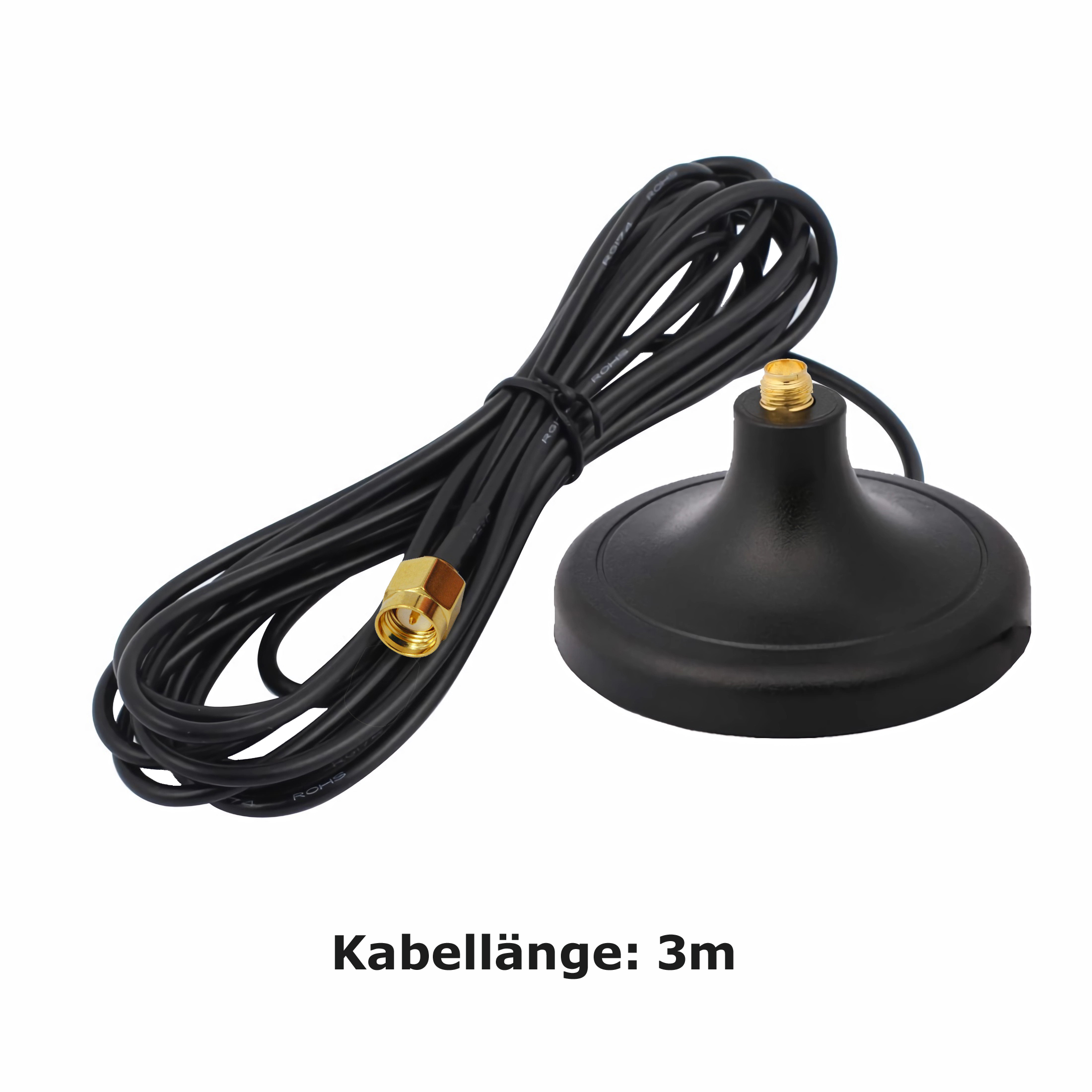 Eine schwarze Antennenbasis mit einem goldenen Stecker und einem langen schwarzen Kabel wird gezeigt.