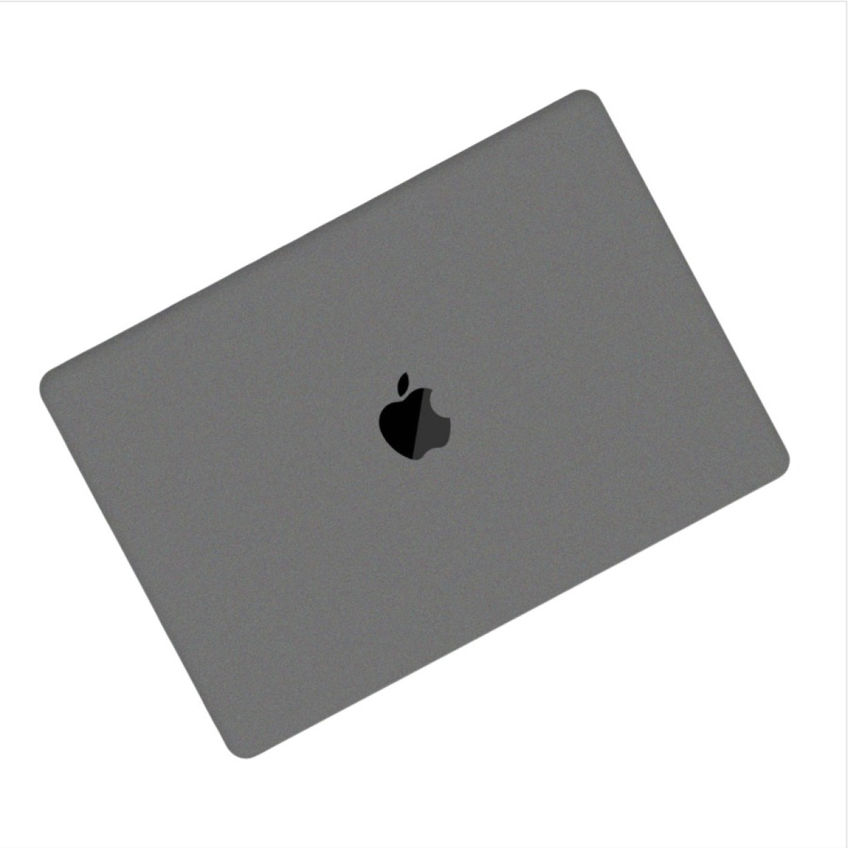 Un laptop grigio chiuso con un logo Apple al centro, isolato su uno sfondo bianco.