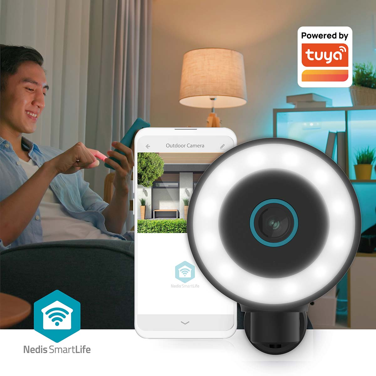 Binnenopname van een slimme camera met een telefoon, met slimme technologie en modern wonen.