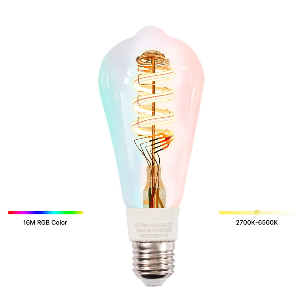 Eine farbwechselnde LED-Lampe mit einem spiralförmigen Filament, die ihr energieeffizientes Design zeigt.