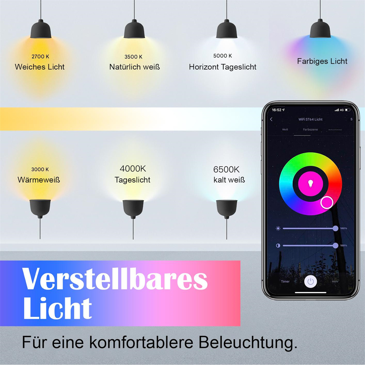 Bild, das verschiedene Lichteinstellungen (warm bis kühl) mit einem Smartphone zur Steuerung der Farbtemperatur zeigt.