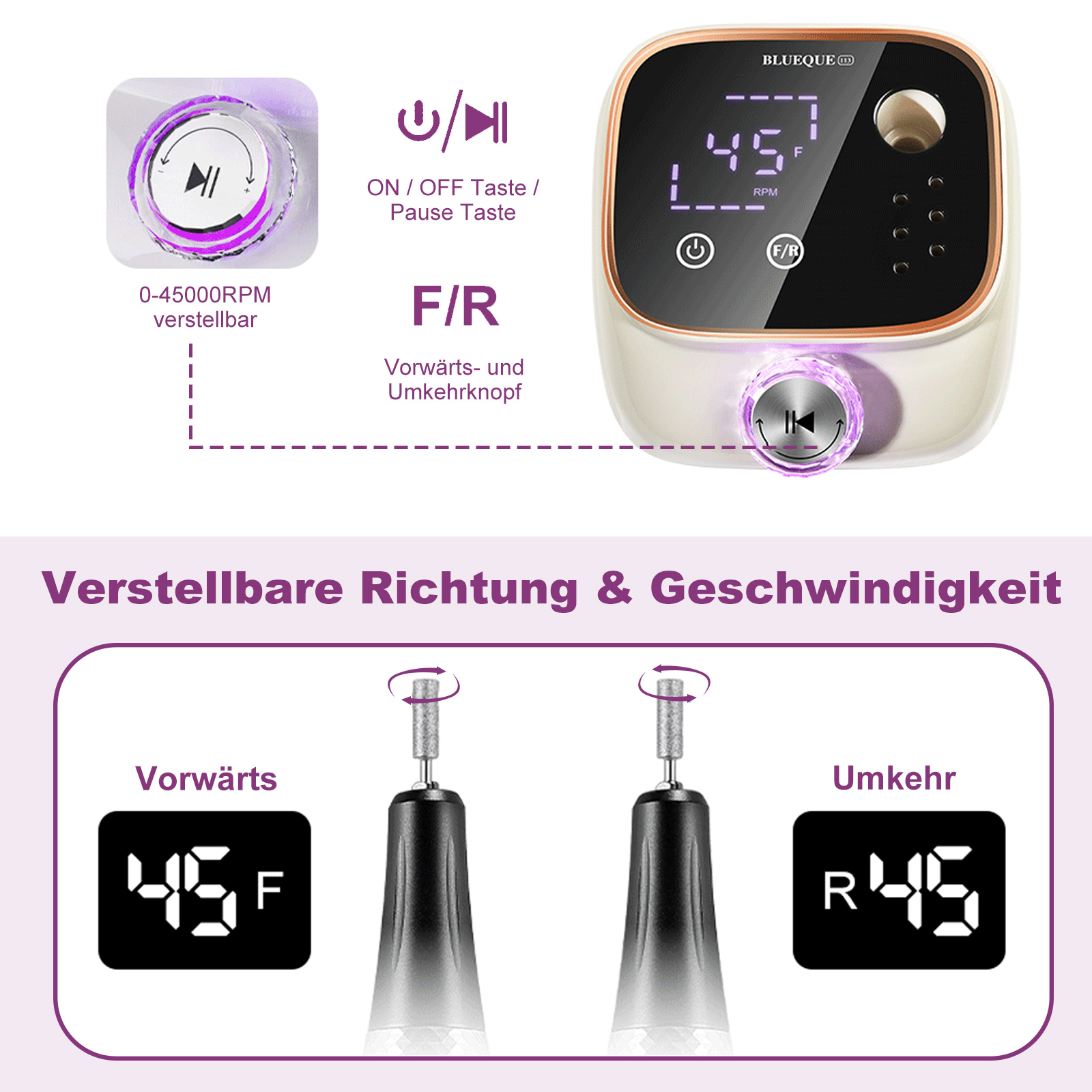 Nahaufnahme einer Nagelfräsmaschine mit beschrifteten Funktionen und Anleitungen. Weißer Hintergrund.