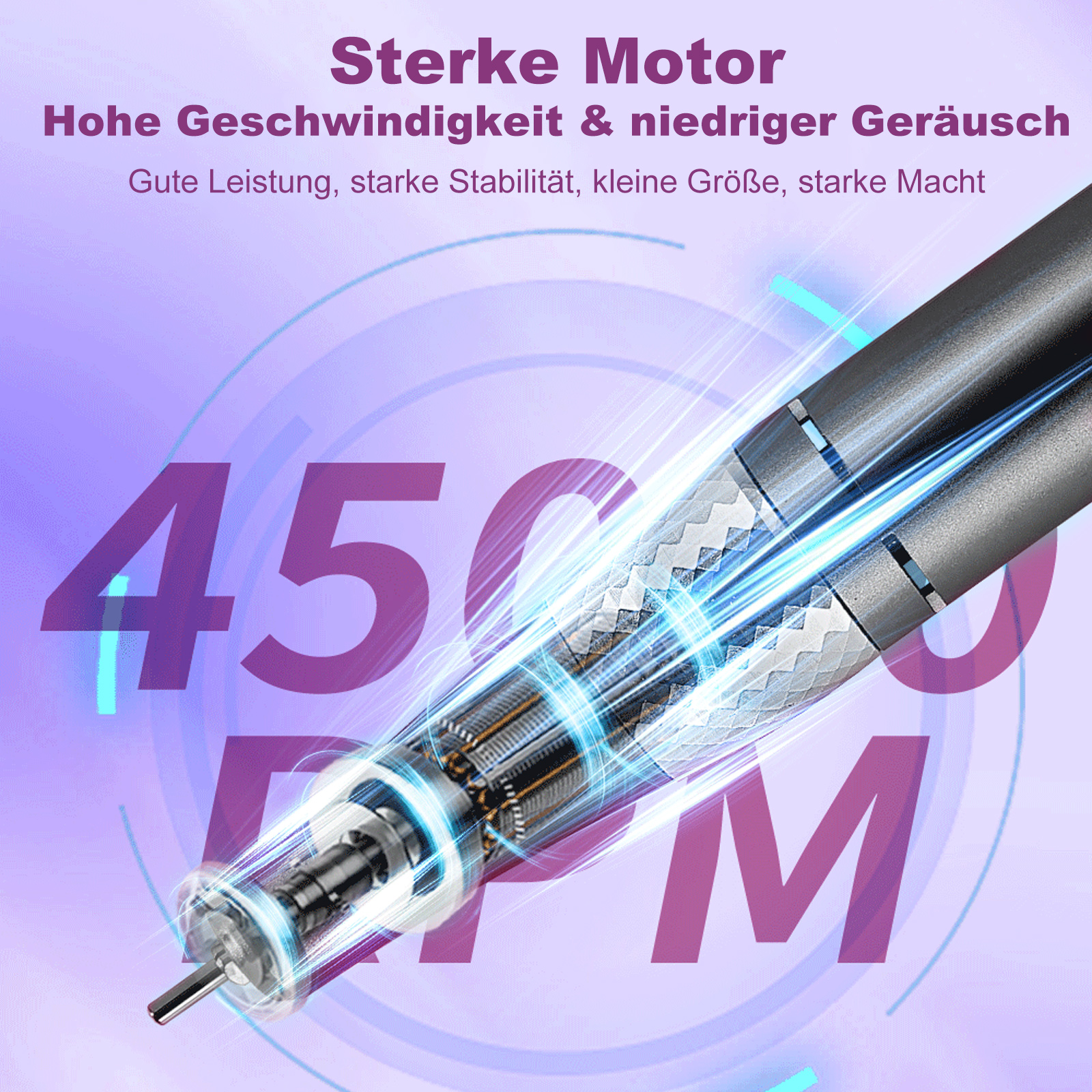 Nahaufnahme eines Nagelbohrers mit sichtbaren internen Komponenten, wobei hohe Geschwindigkeit und geringe Geräuschentwicklung betont werden.