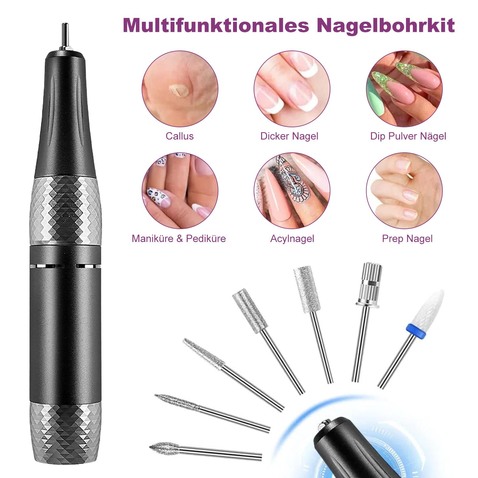 Ein multifunktionales Nagelbohrerset mit verschiedenen Bohrkopfaufsätzen und Anwendungsbeispielen, wie z. B. der Entfernung von Hornhaut.