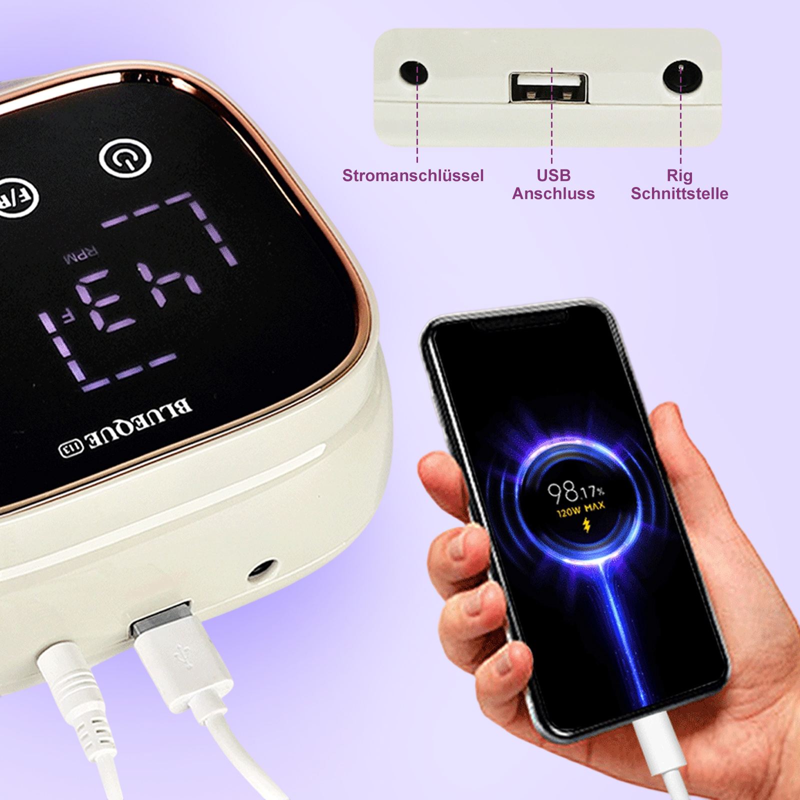 Nahaufnahme einer Nagelfräsmaschine, mit der ein Mobiltelefon aufgeladen wird. Die Anschlüsse an der Maschine sind beschriftet.
