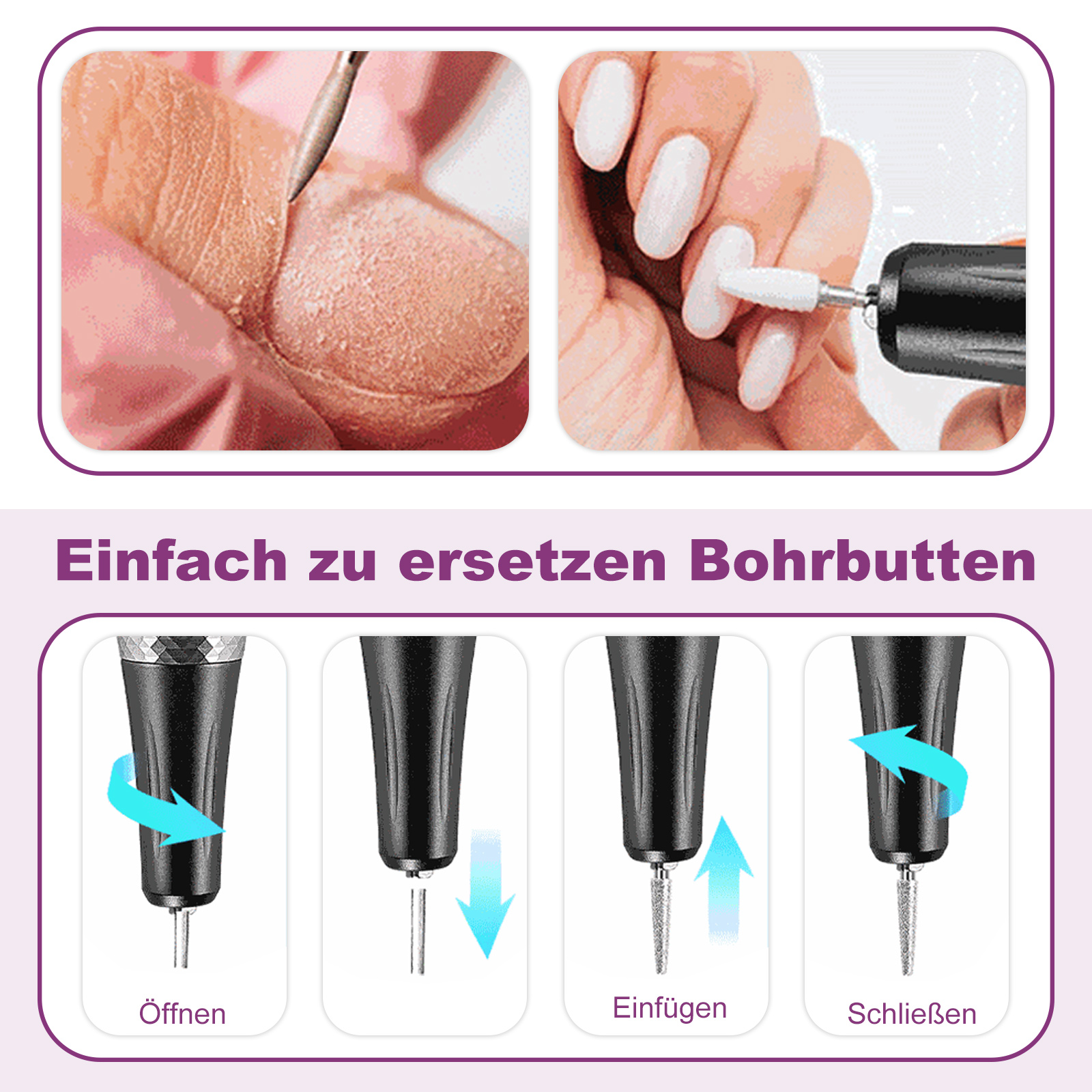 Demonstration des Austauschs von Bohrern an einer Nagelfräsmaschine. Die Anweisungen umfassen das Öffnen und Schließen des Bohrers.