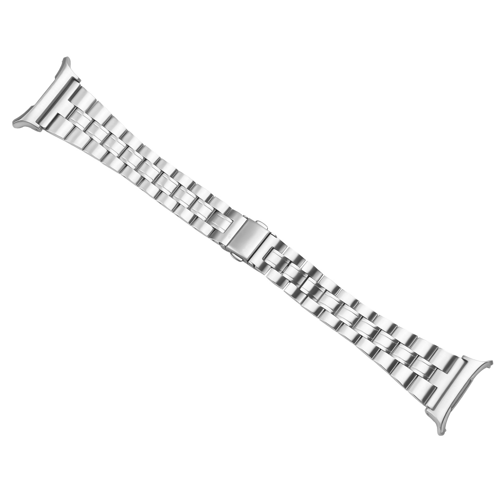 Ein silbernes Metallarmband liegt diagonal auf einem weißen Hintergrund mit geschlossenem Verschluss und zeigt seine einzelnen Glieder.