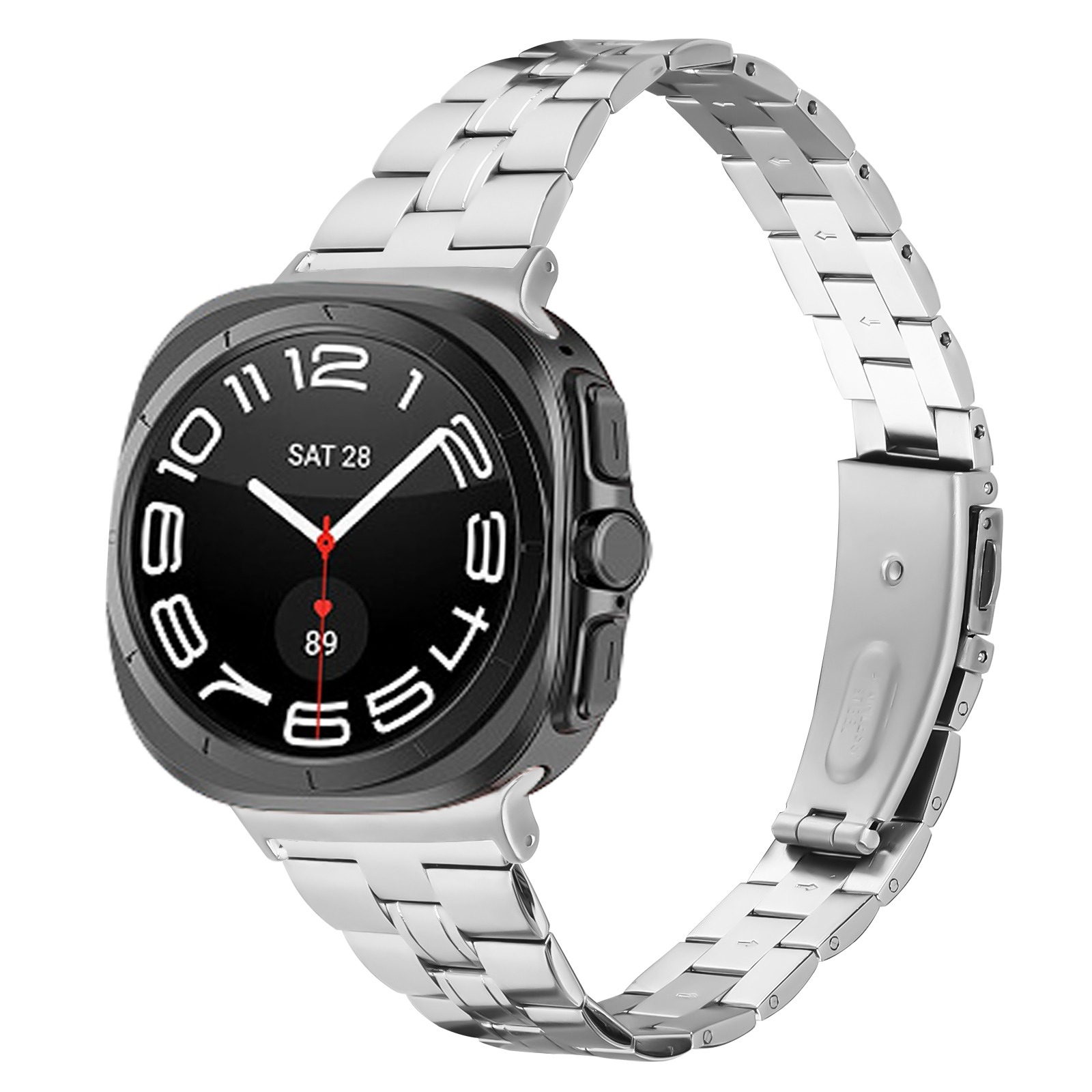 Eine Smartwatch mit einem silbernen Metallarmband zeigt einen schwarzen Bildschirm mit weißen Zahlen und Zeigern auf einem weißen Hintergrund.
