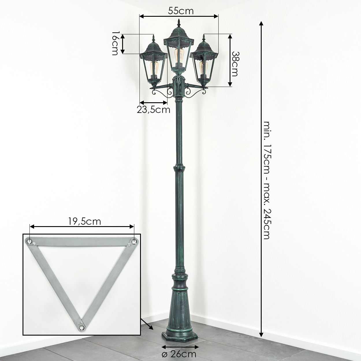 Ein Diagramm zeigt die Abmessungen einer Vintage-Straßenlaterne mit drei Lampen und detailliert ihre Höhe, Breite und Bauteilgrößen.