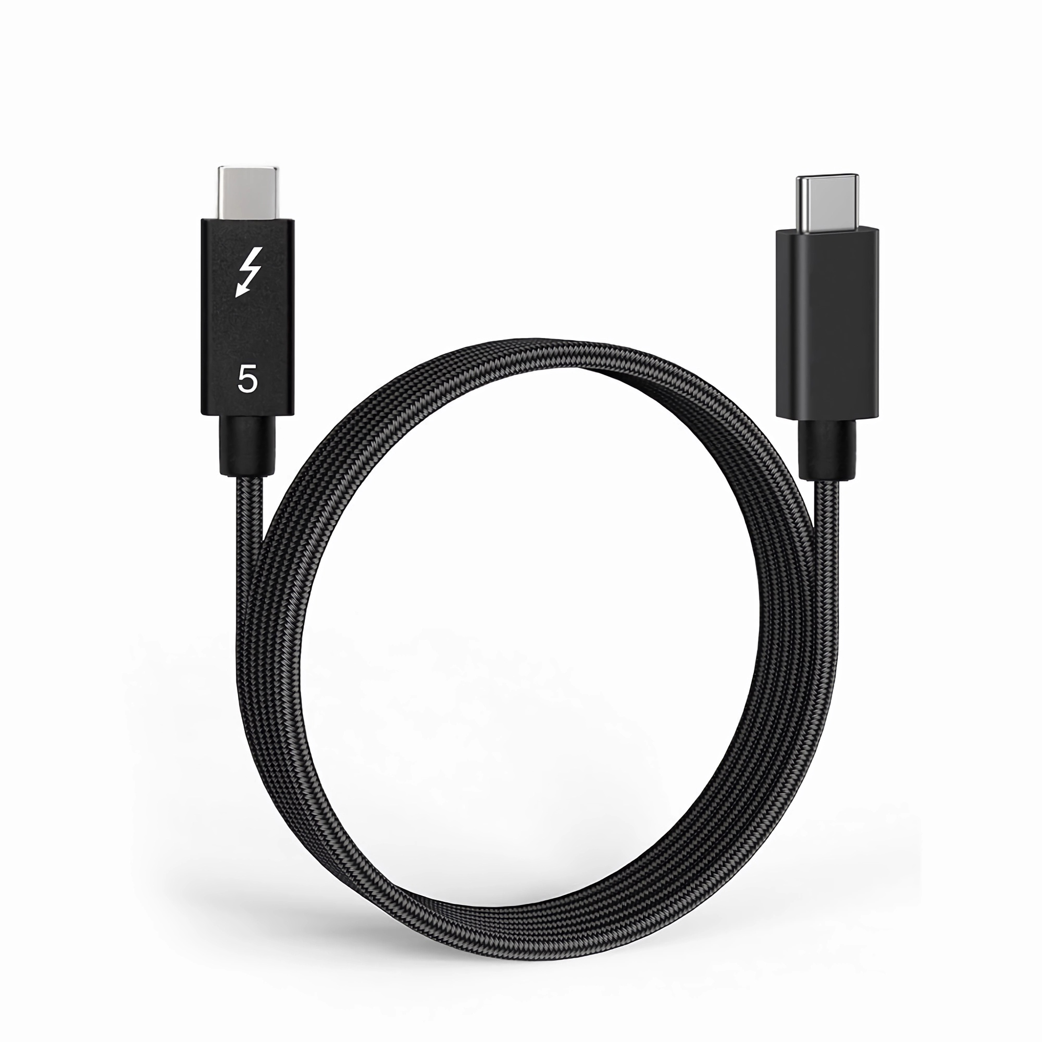 Ein schwarzes USB-C-Kabel mit geflochtenem Kabel ist vor einem weißen Hintergrund aufgerollt und zeigt beide Enden.