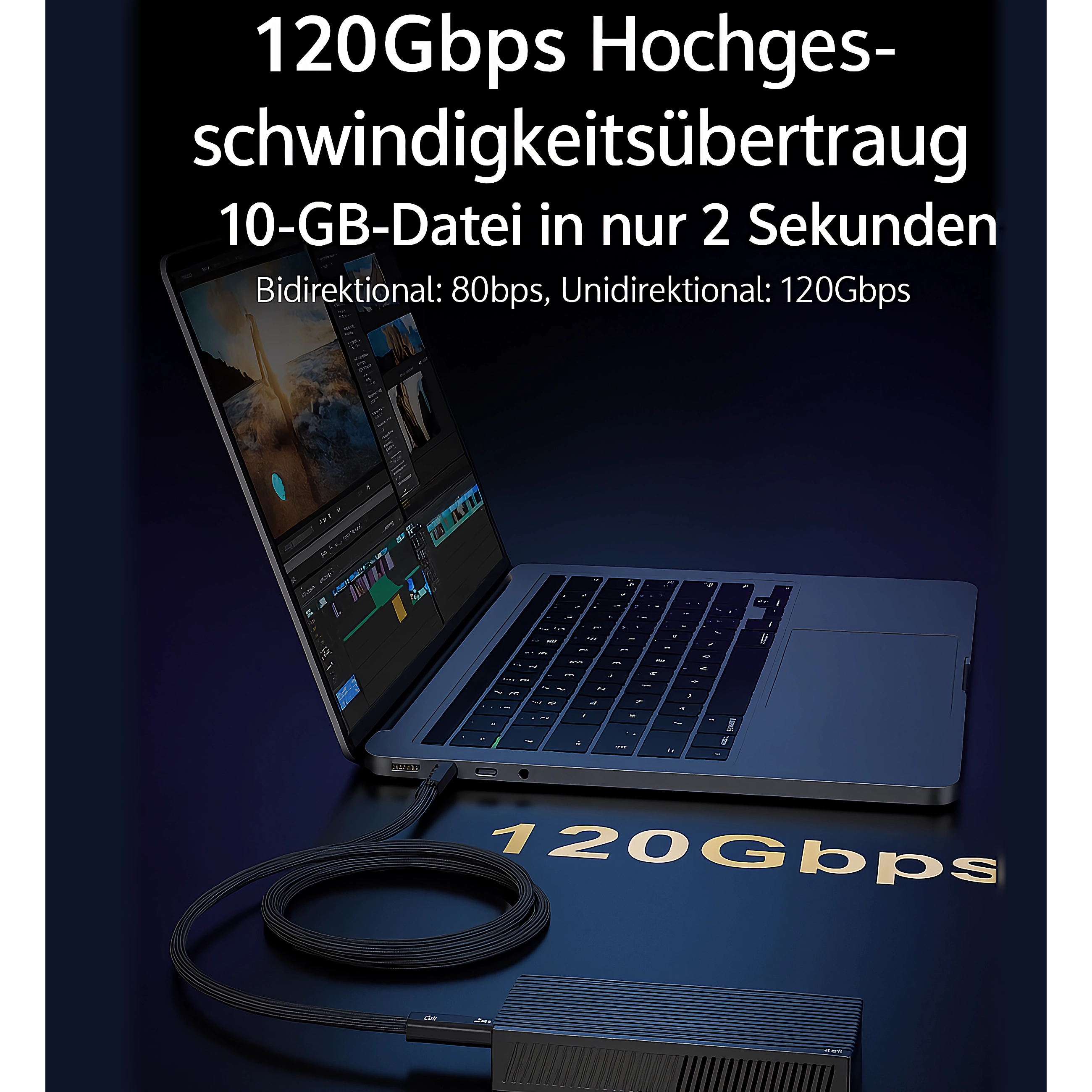 Ein Laptop, der über ein USB-C-Kabel mit einem externen Laufwerk verbunden ist und eine schnelle Datenübertragung ermöglicht.
