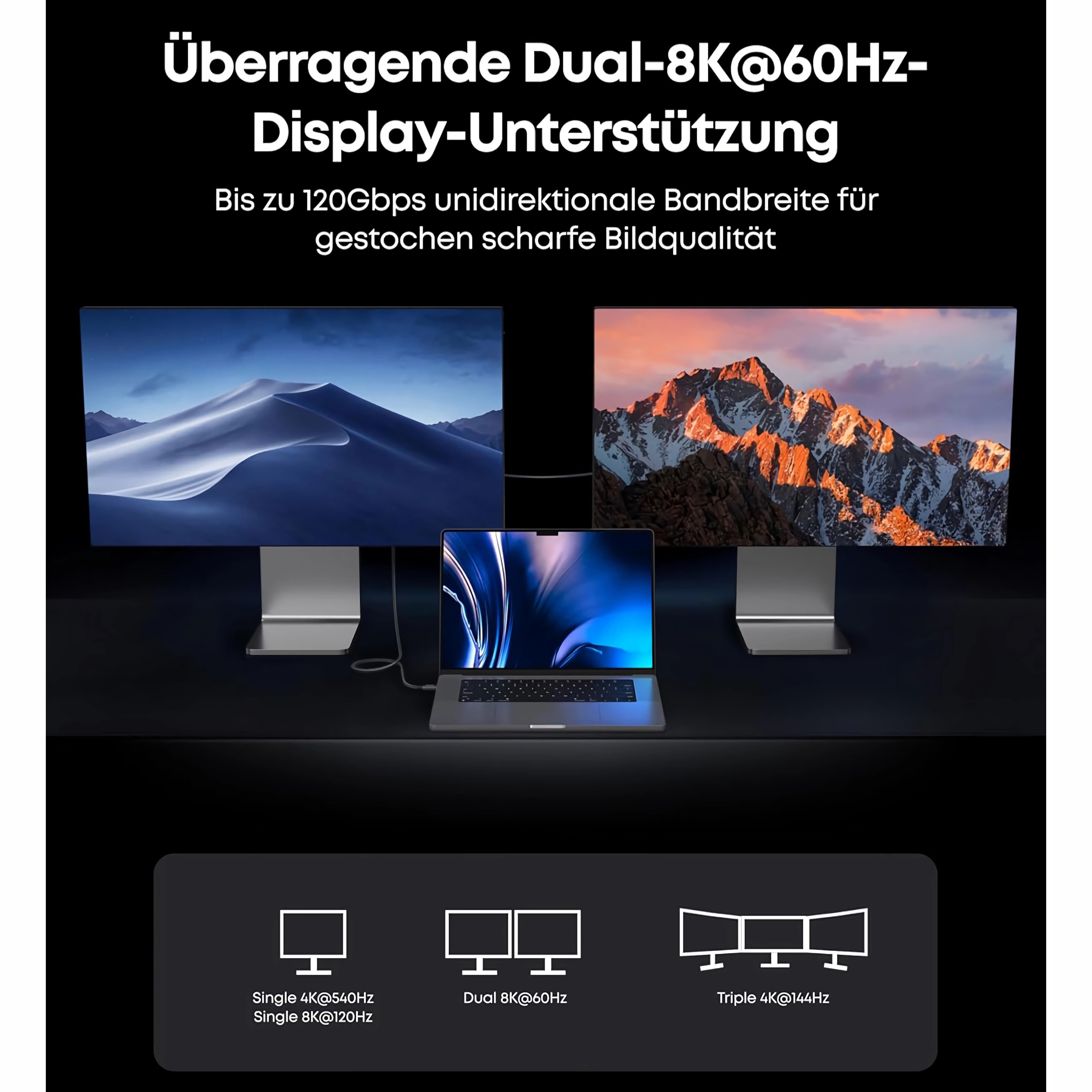 Ein Laptop ist über USB-C mit zwei externen Monitoren verbunden und unterstützt Dual-8K-Displays.