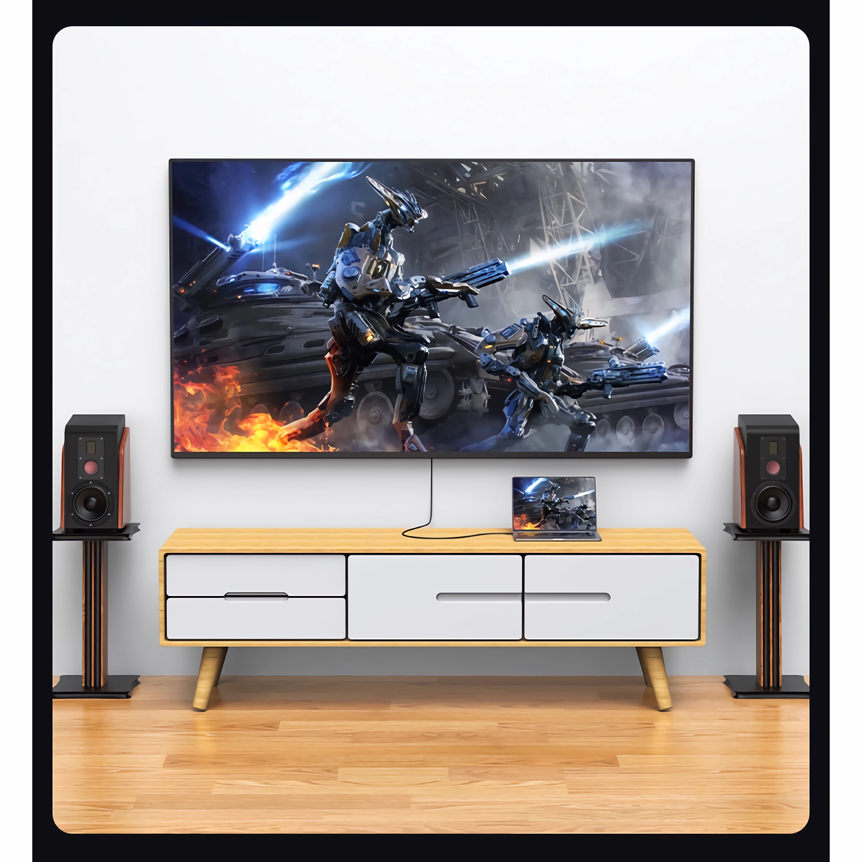 Das Bild zeigt ein TV-Setup mit Lautsprechern, einem Laptop und einer USB-C-Verbindung, das auf einem Holzboden steht.