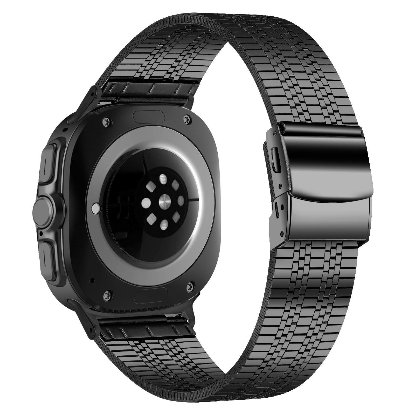 Primo piano di uno smartwatch nero con cinturino in metallo, che mostra il suo design e le sue caratteristiche su uno sfondo bianco.
