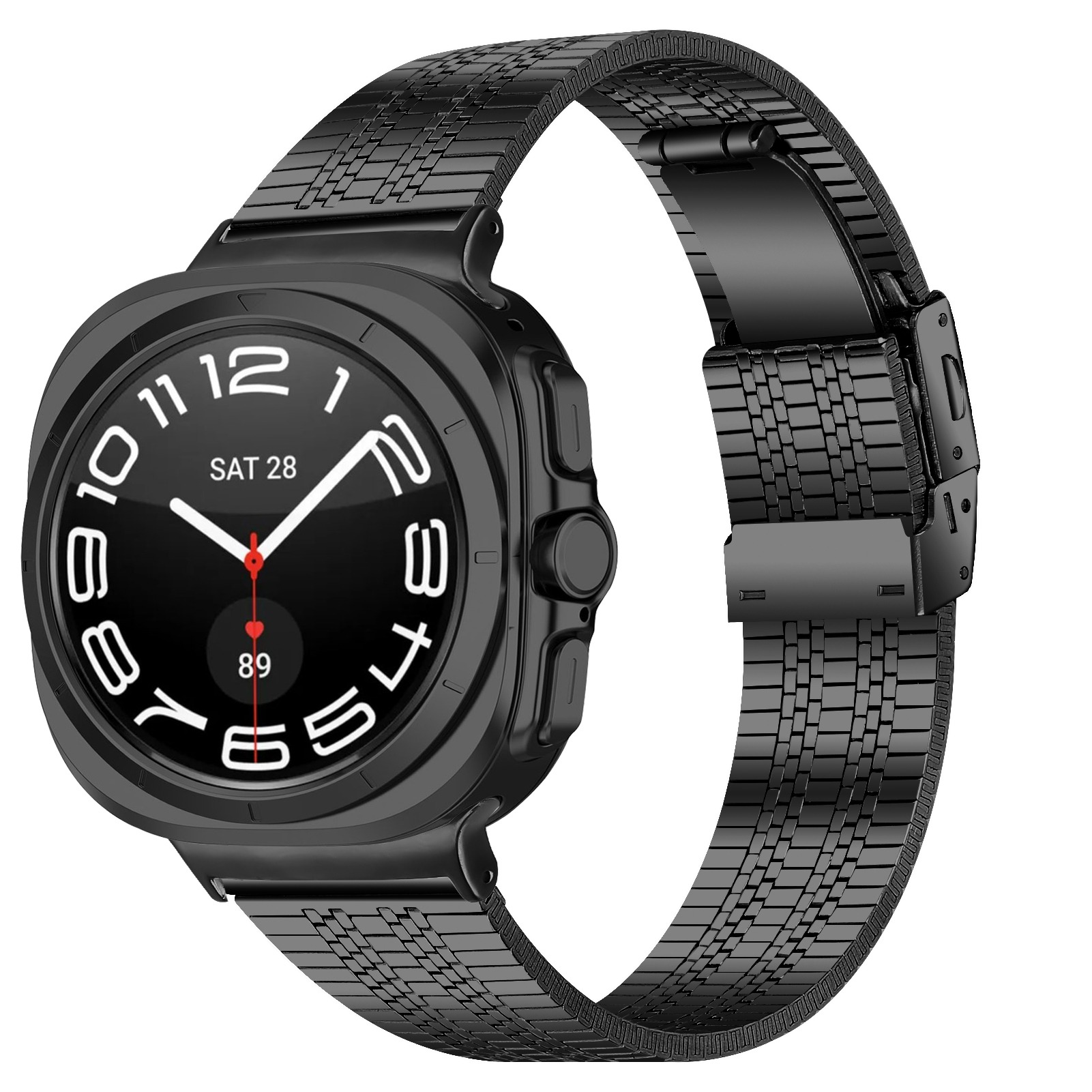Uno smartwatch nero visualizza l'ora, 'SAT 28', con un cinturino in metallo, presentato su uno sfondo bianco.
