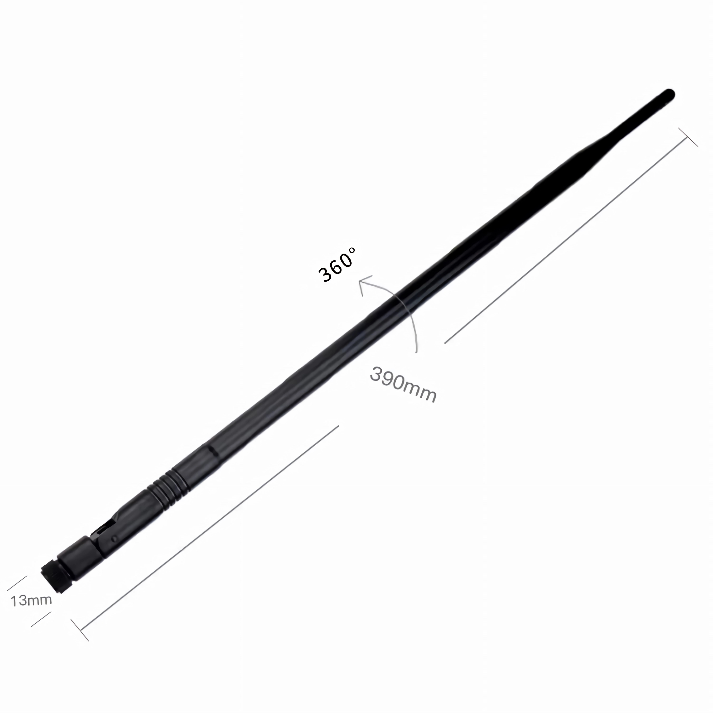 Eine schwarze Antenne mit Abmessungen wird vor einem weißen Hintergrund zur technischen Referenz angezeigt.