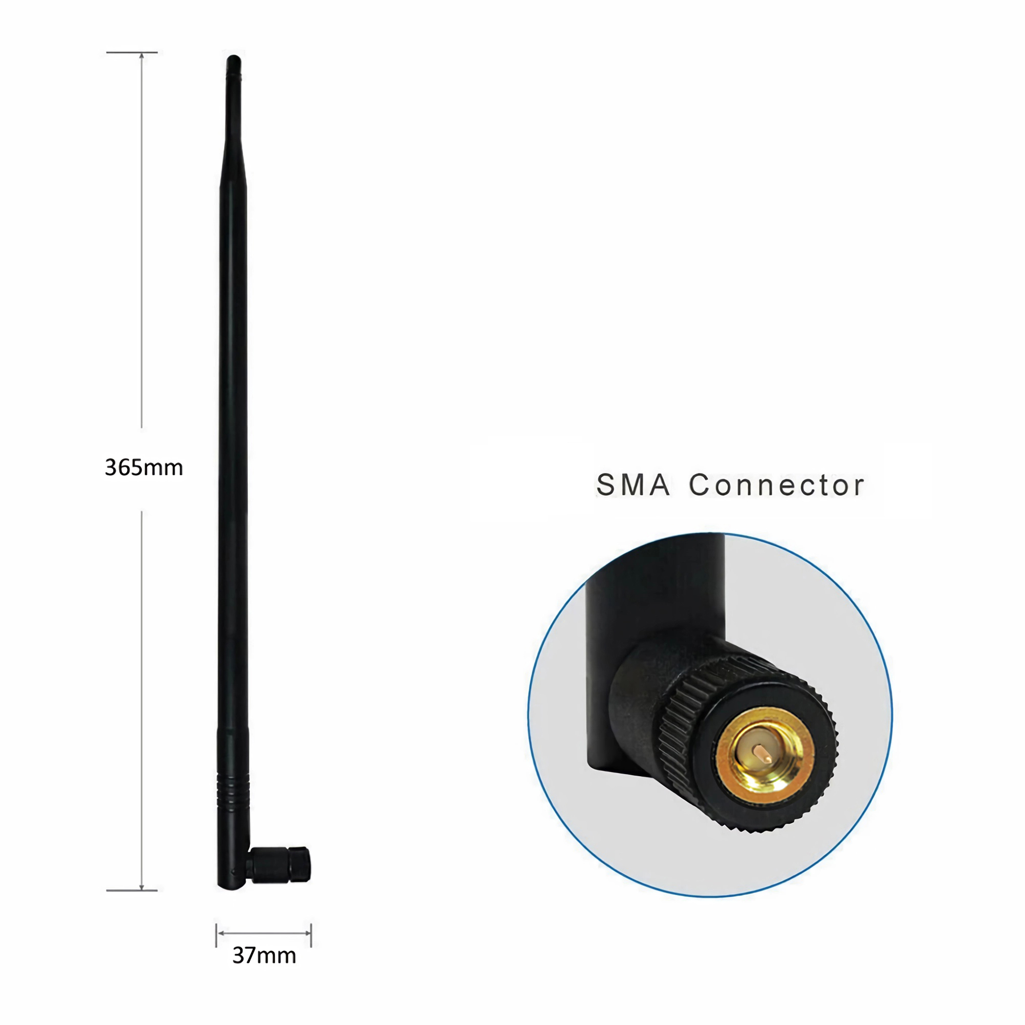 Eine schwarze Antenne mit Maßen und einem SMA-Anschluss wird vor einem weißen Hintergrund angezeigt.