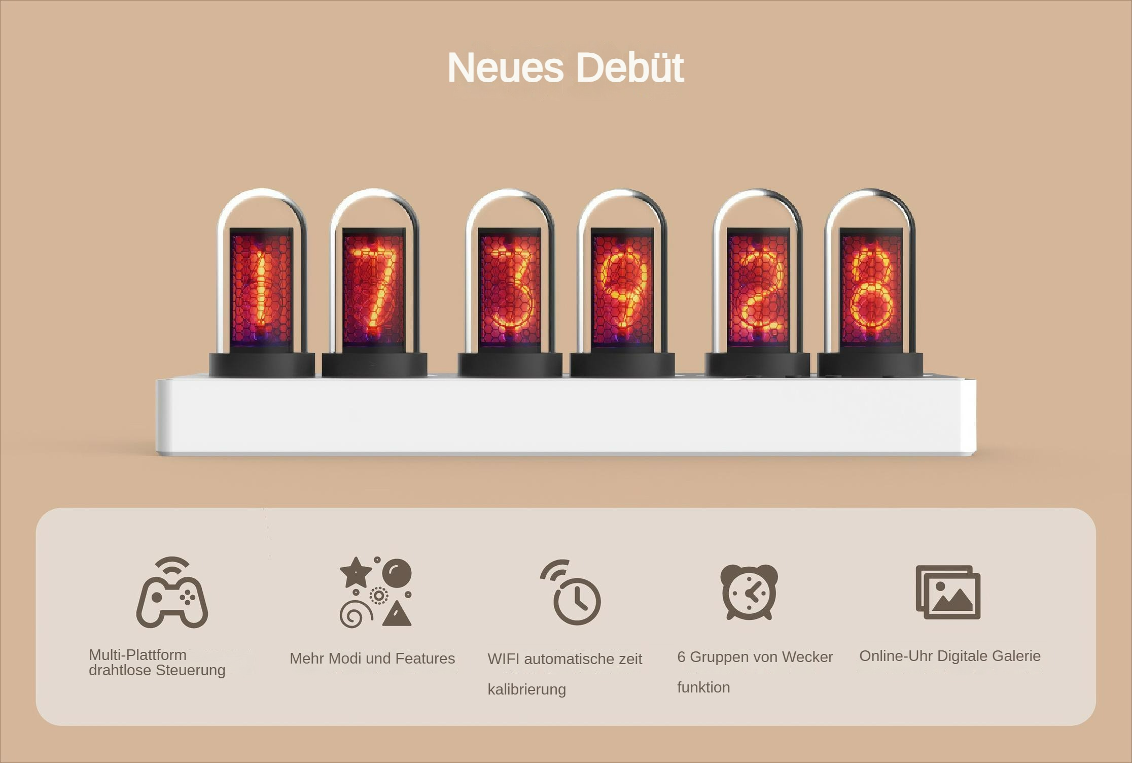 Eine Digitaluhr mit orangefarbenen Ziffern auf einem weißen Sockel wird mit Symbolen für ihre Funktionen dargestellt.