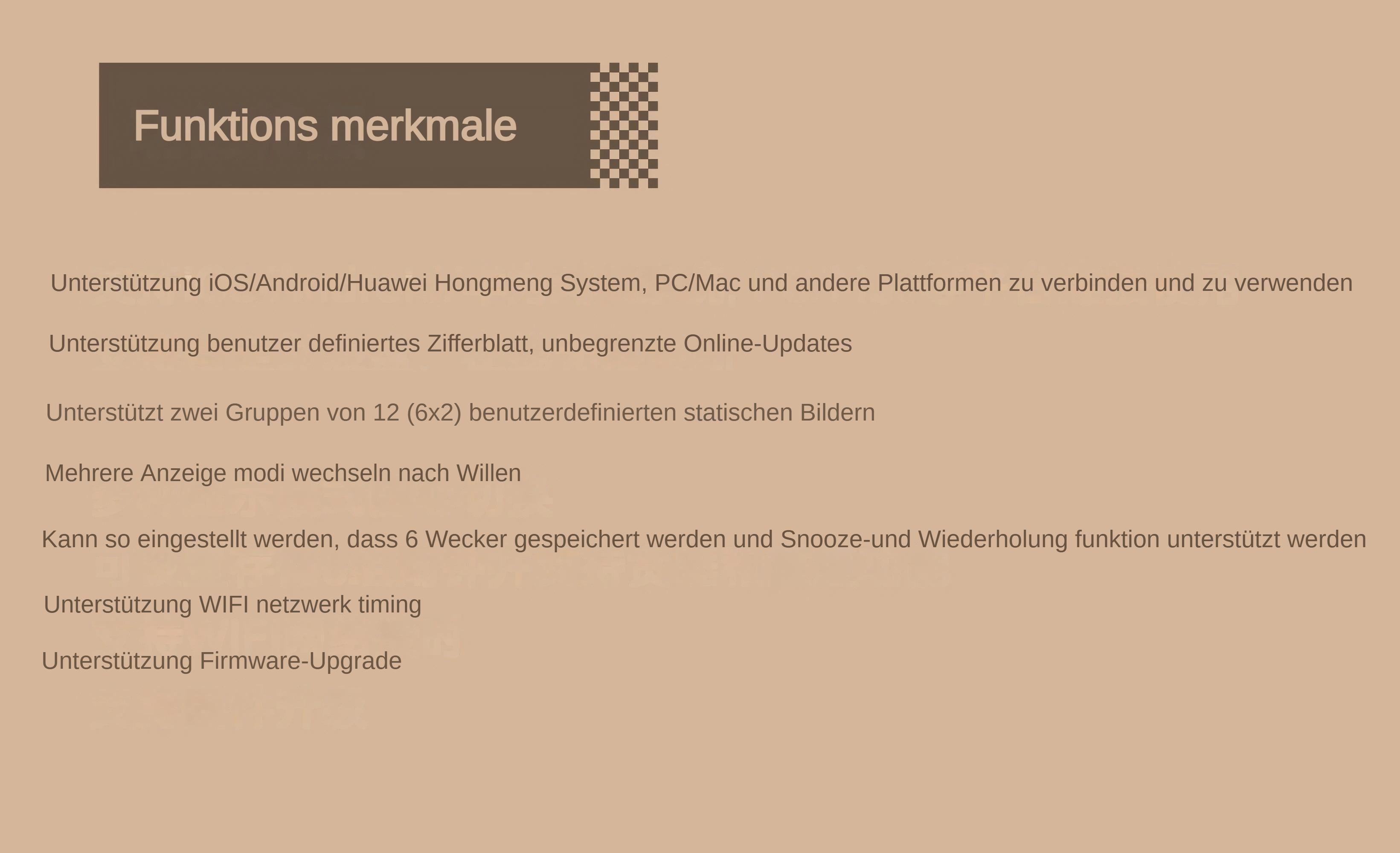 Text auf Deutsch beschreibt Funktionen wie iOS/Android/Huawei-Unterstützung, Online-Updates und Wi-Fi-Timing.