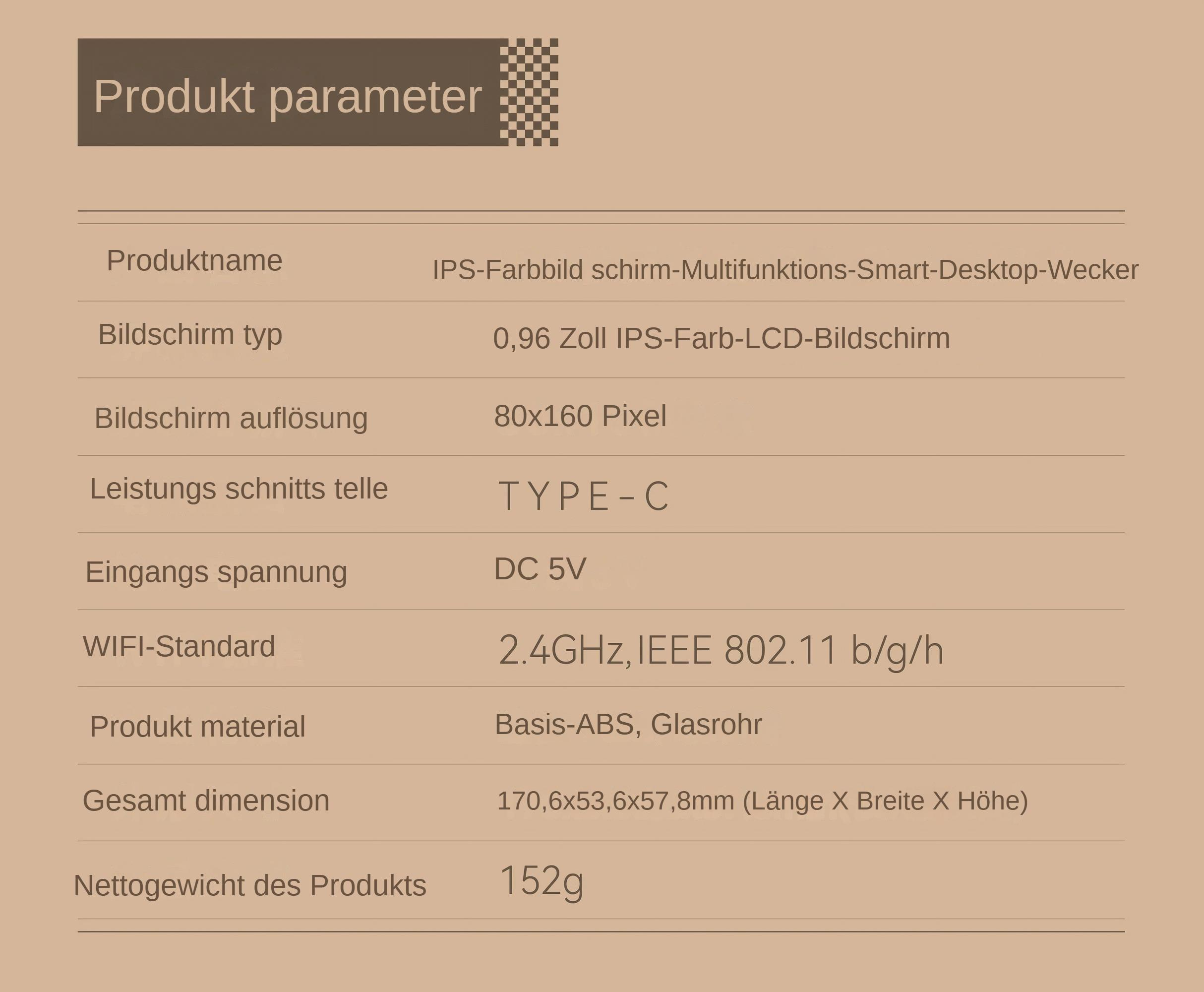 Text auf Deutsch umreißt Produktparameter: IPS-Bildschirm, 80x160 Auflösung, Typ-C-Eingang, Wi-Fi, ABS/Glas-Material.