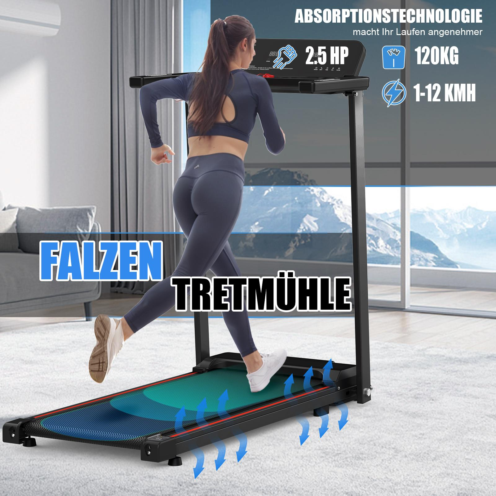 Eine Frau läuft auf einem schwarzen, zusammenklappbaren Laufband. Der Text wirbt für Absorptionstechnologie und einen Geschwindigkeitsbereich von 1-12 KMH.