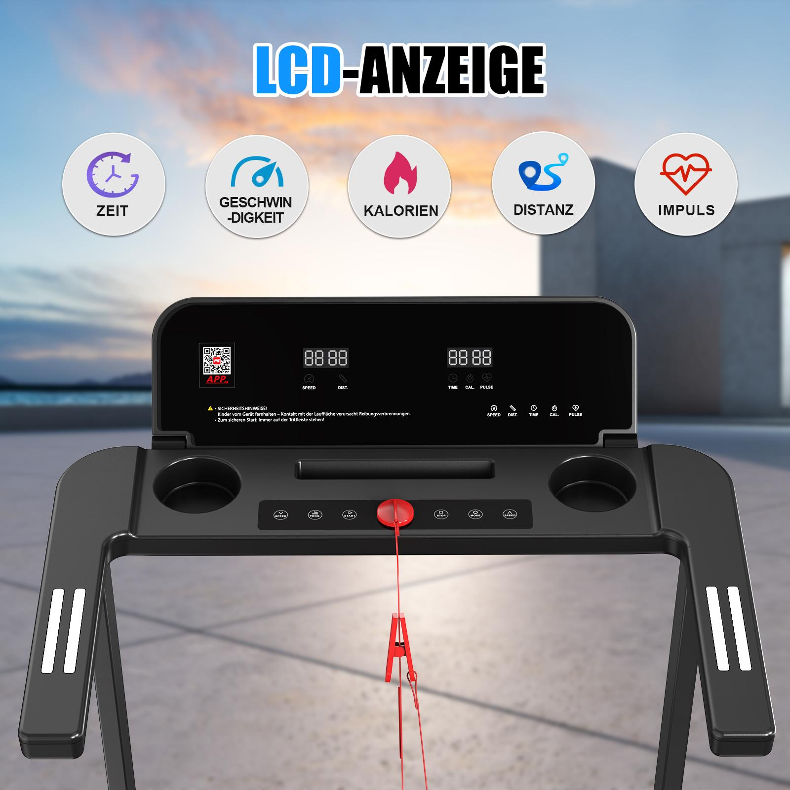 Eine Nahaufnahme des LCD-Displays eines schwarzen Laufbands zeigt die Anzeigen für Zeit, Geschwindigkeit, Kalorien, Distanz und Herzfrequenz.