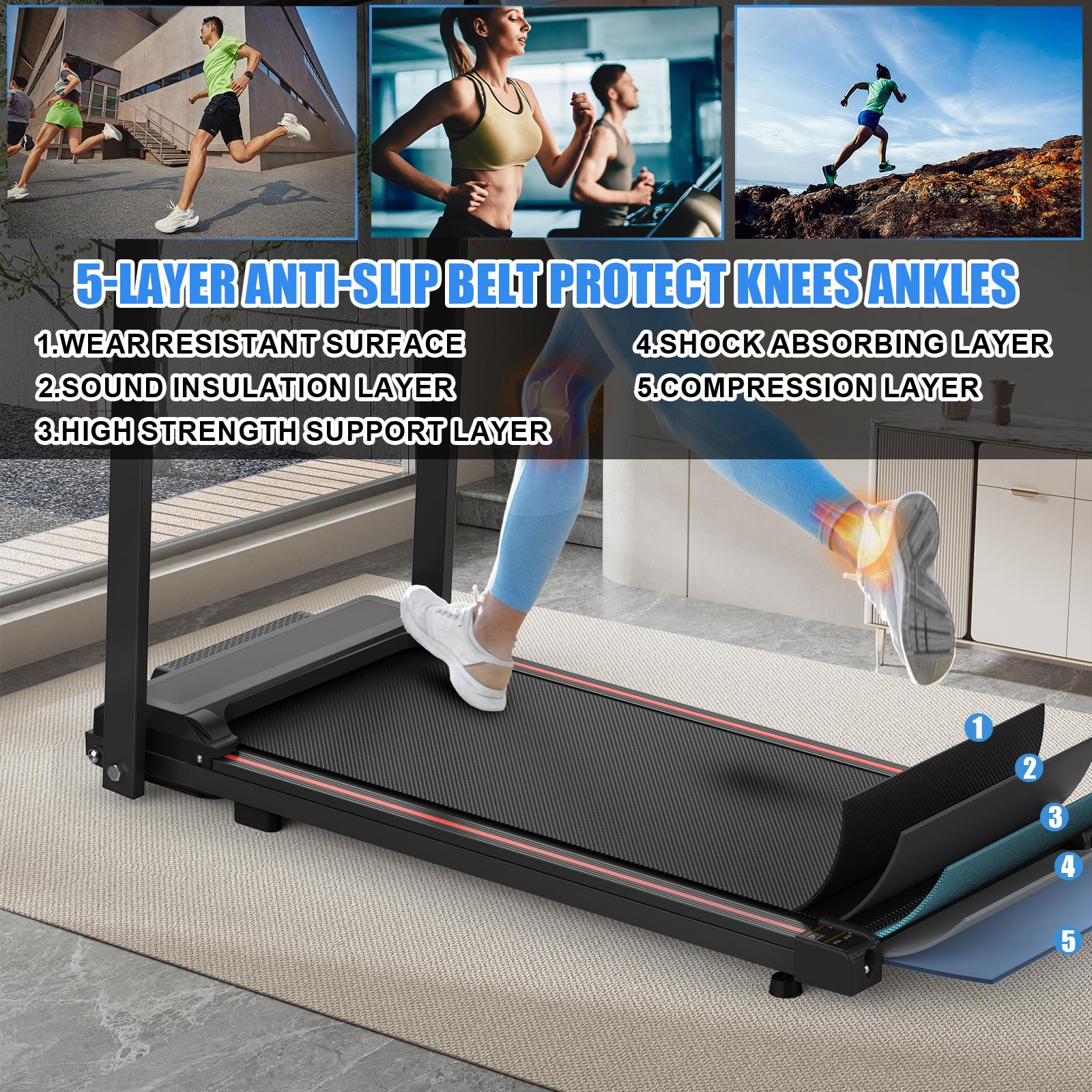 Ein Laufband zeigt eine Schnittansicht seines mehrschichtigen Anti-Rutsch-Bandes, das Knie und Knöchel schützen soll, mit aktiven Läufern darüber.