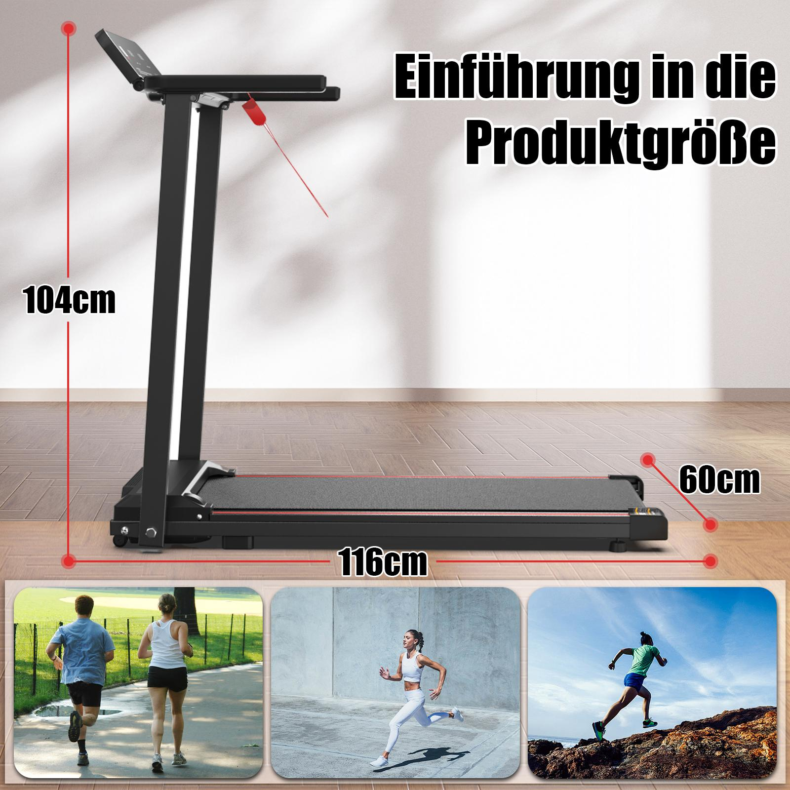 Ein schwarzes Laufband wird mit Maßangaben gezeigt, zusammen mit Bildern von Menschen, die in verschiedenen Outdoor-Umgebungen laufen.