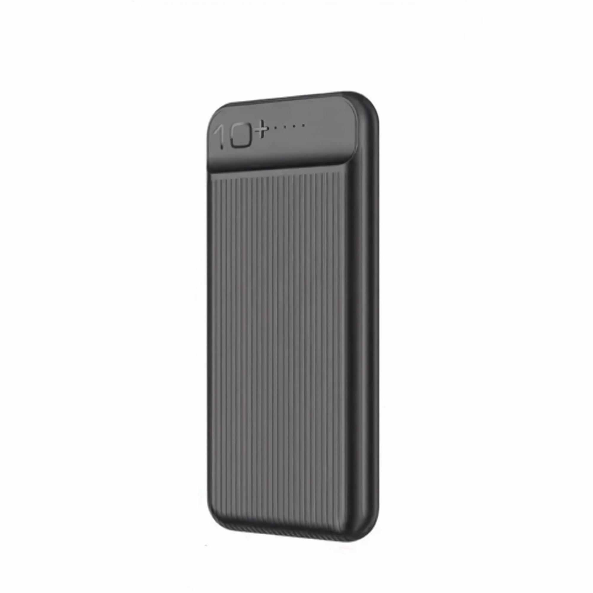 Eine schwarze Powerbank mit strukturierter Oberfläche und Kontrollleuchten auf weißem Hintergrund.