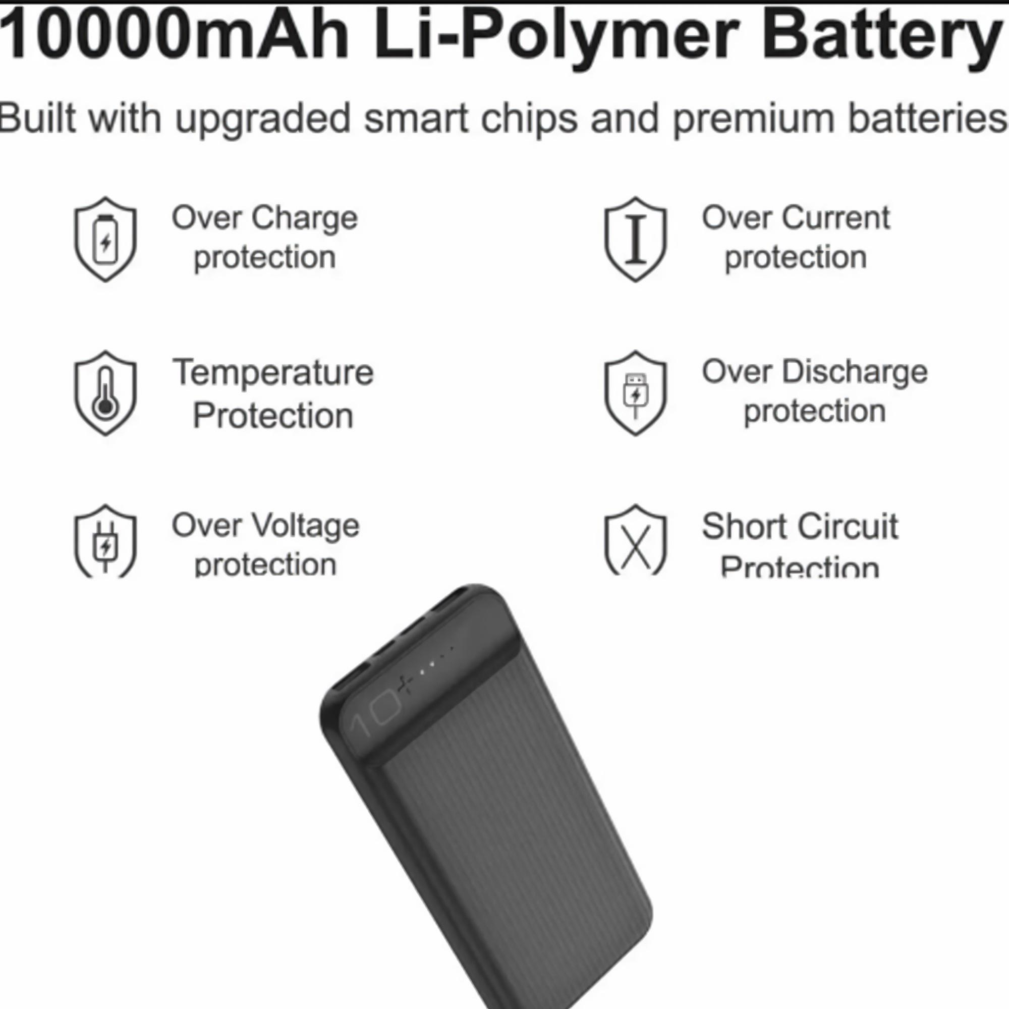 Eine schwarze Powerbank mit Text, der ihre Funktionen beschreibt, einschließlich Überladungs- und Temperaturschutz.