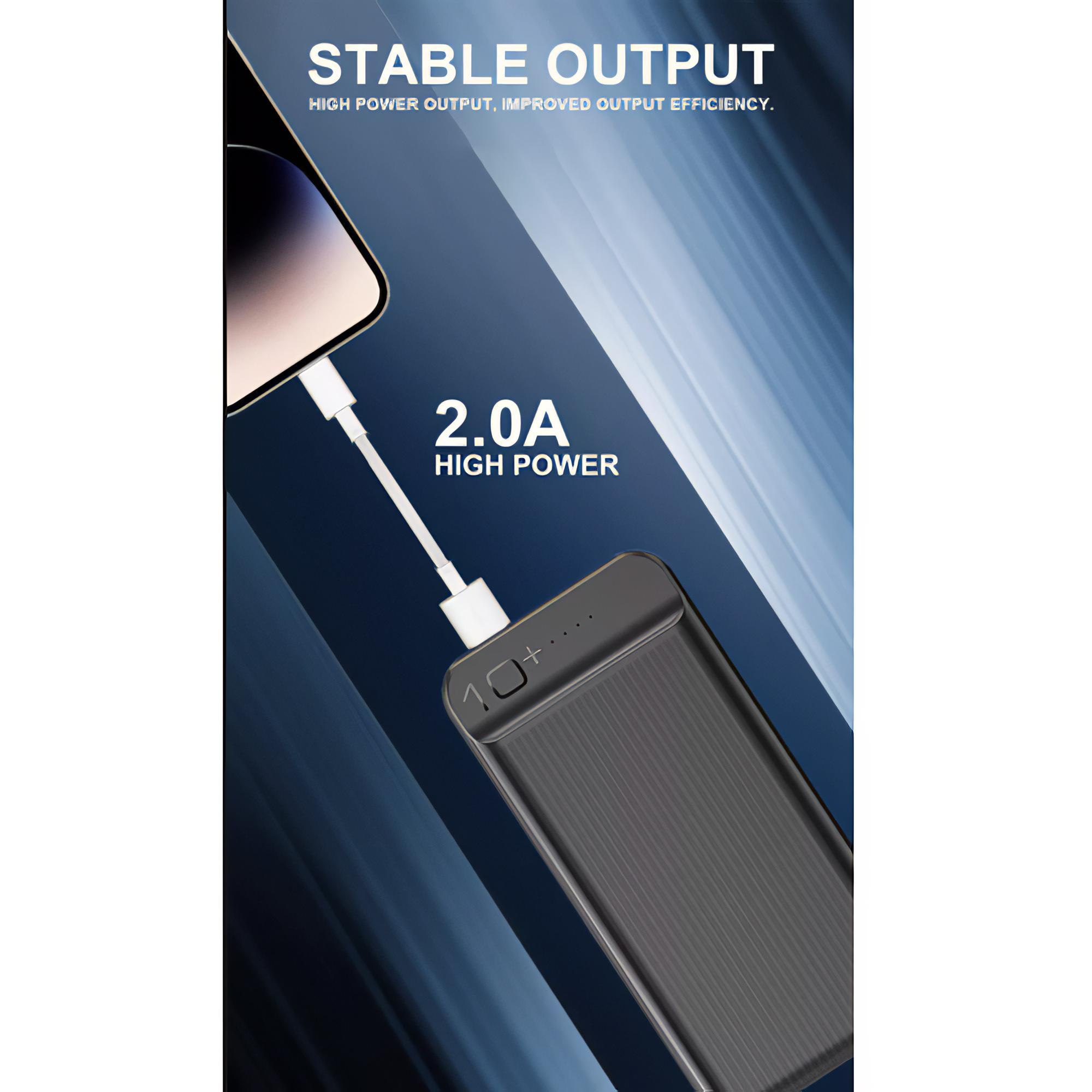 Eine schwarze Powerbank ist mit einem weißen Kabel an ein Smartphone angeschlossen.