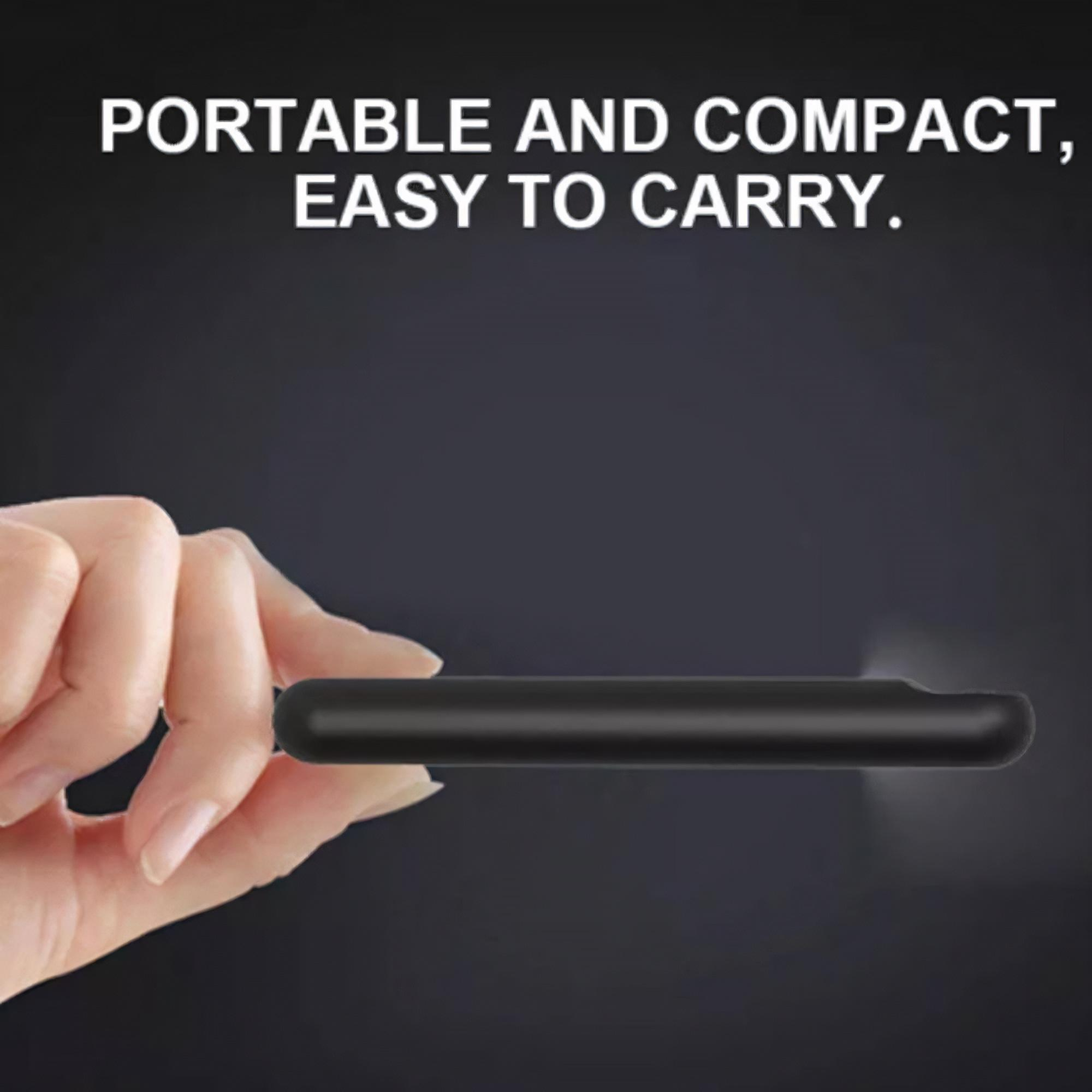 Eine Hand, die eine schlanke schwarze Powerbank hält, mit Text, der ihre Portabilität und ihr kompaktes Design hervorhebt.