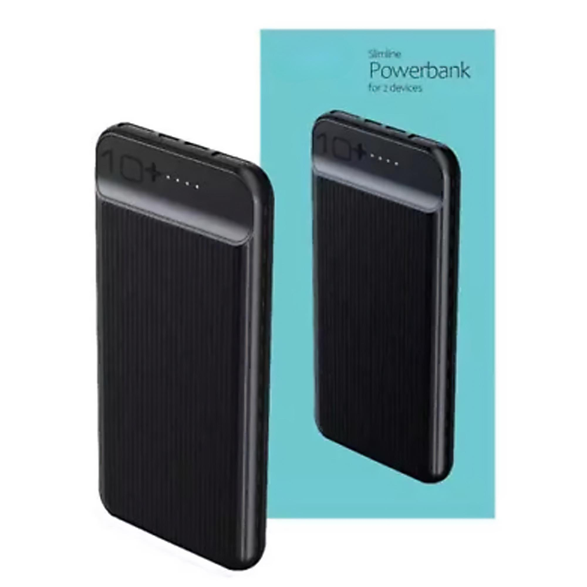 Zwei schwarze Powerbanks, eine vor ihrer hellblauen Verpackung.