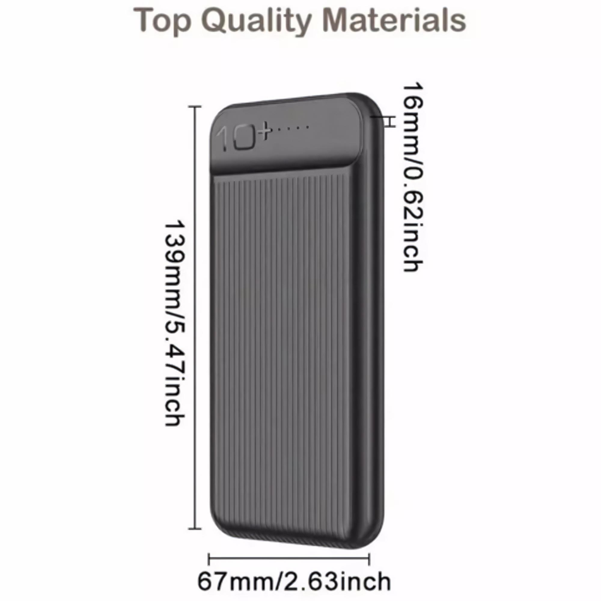 Eine schwarze Powerbank mit Abmessungen, 139 mm/5,47 Zoll Länge, 16 mm/0,62 Zoll Höhe, 67 mm/2,63 Zoll Breite.