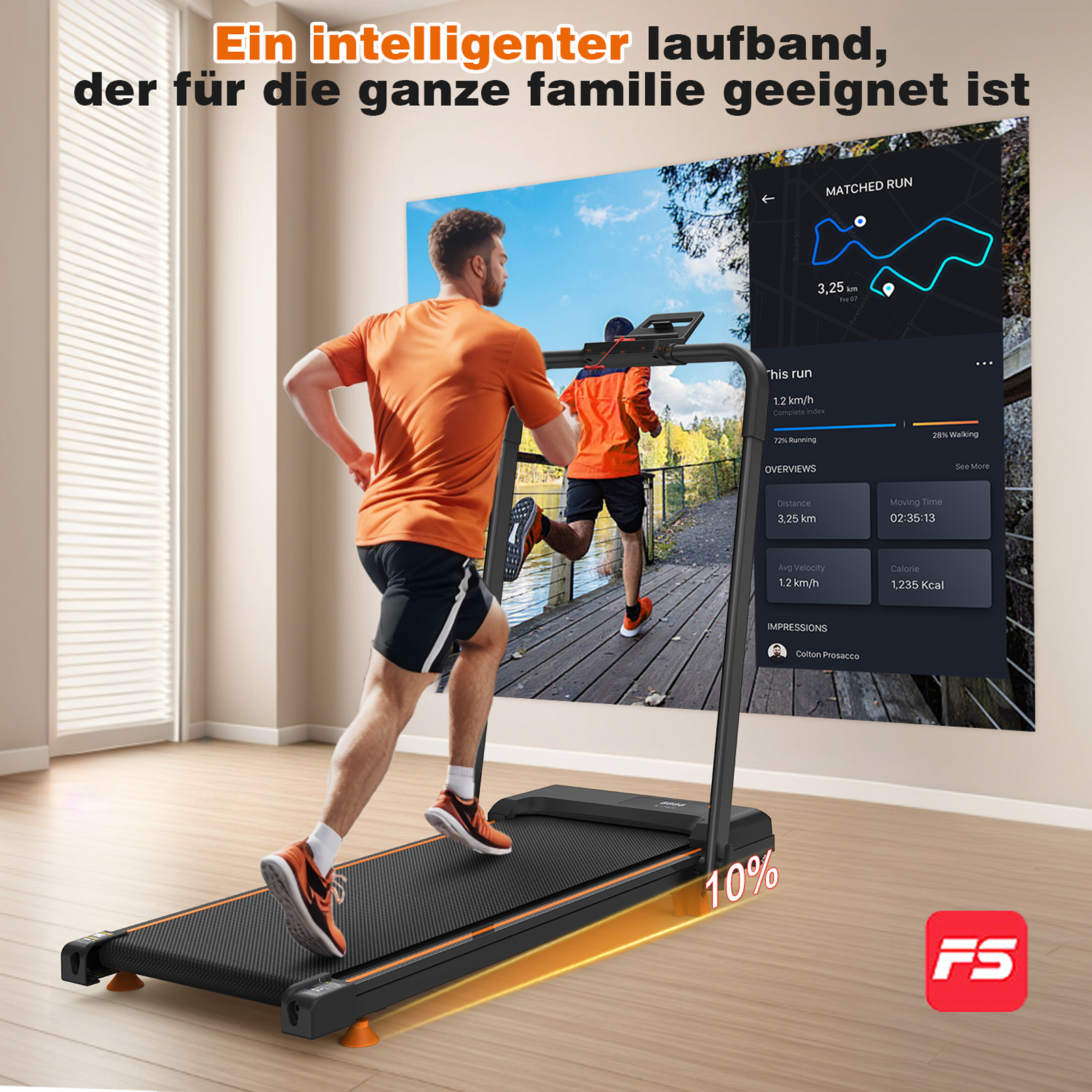 Ein Mann läuft auf einem schwarzen Laufband mit orangefarbenen Akzenten, mit einem Bildschirm, der Trainingsinformationen im Hintergrund zeigt.