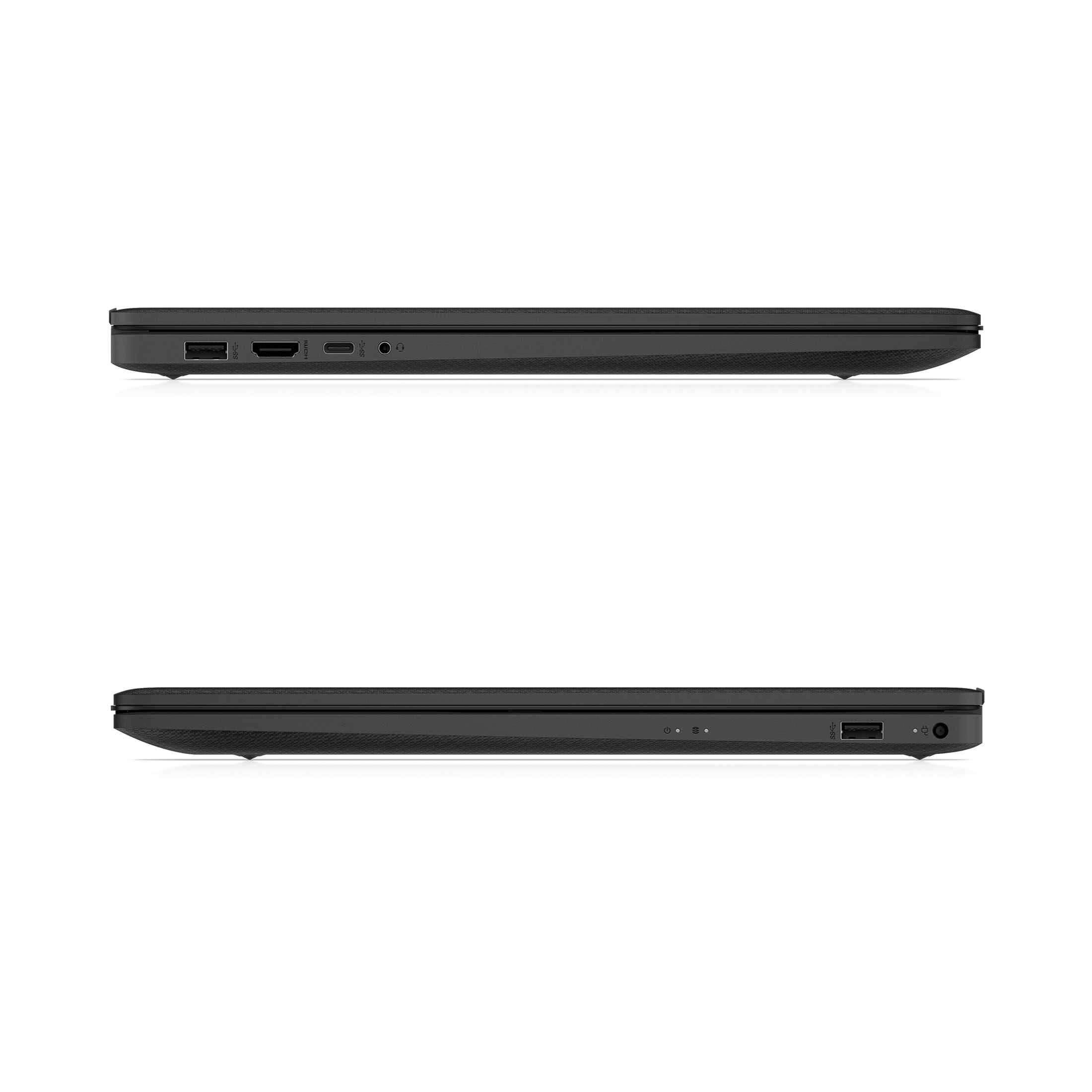 Zwei Seitenansichten eines geschlossenen Laptops, die Anschlüsse auf beiden Seiten zeigen.